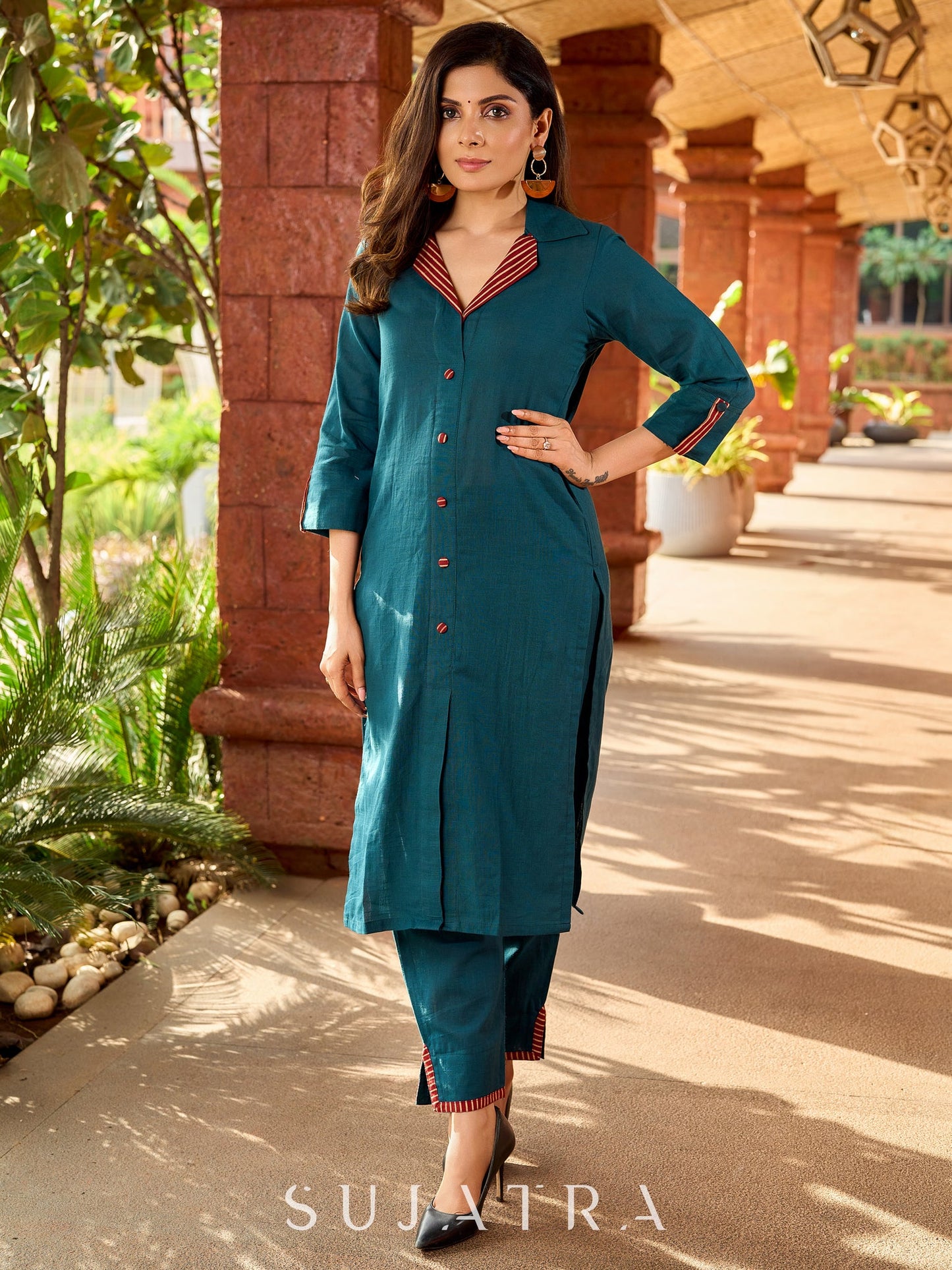 Kalamkari-accented teal cotton kurta with a beautifully balanced combination - teal pant optional