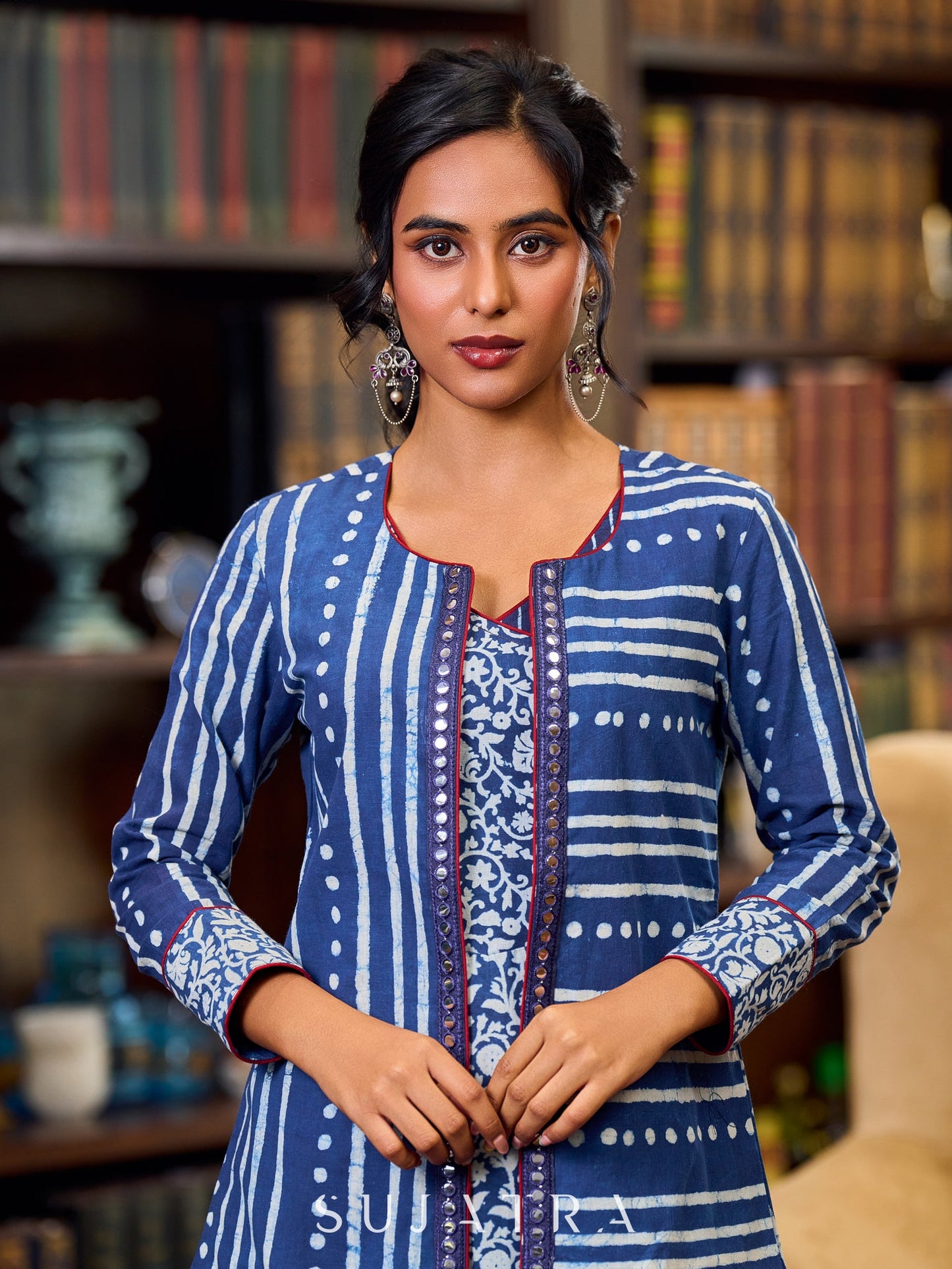 Charming Indigo Floral A Line Dress Adorned with Tassels - Jacket Optional