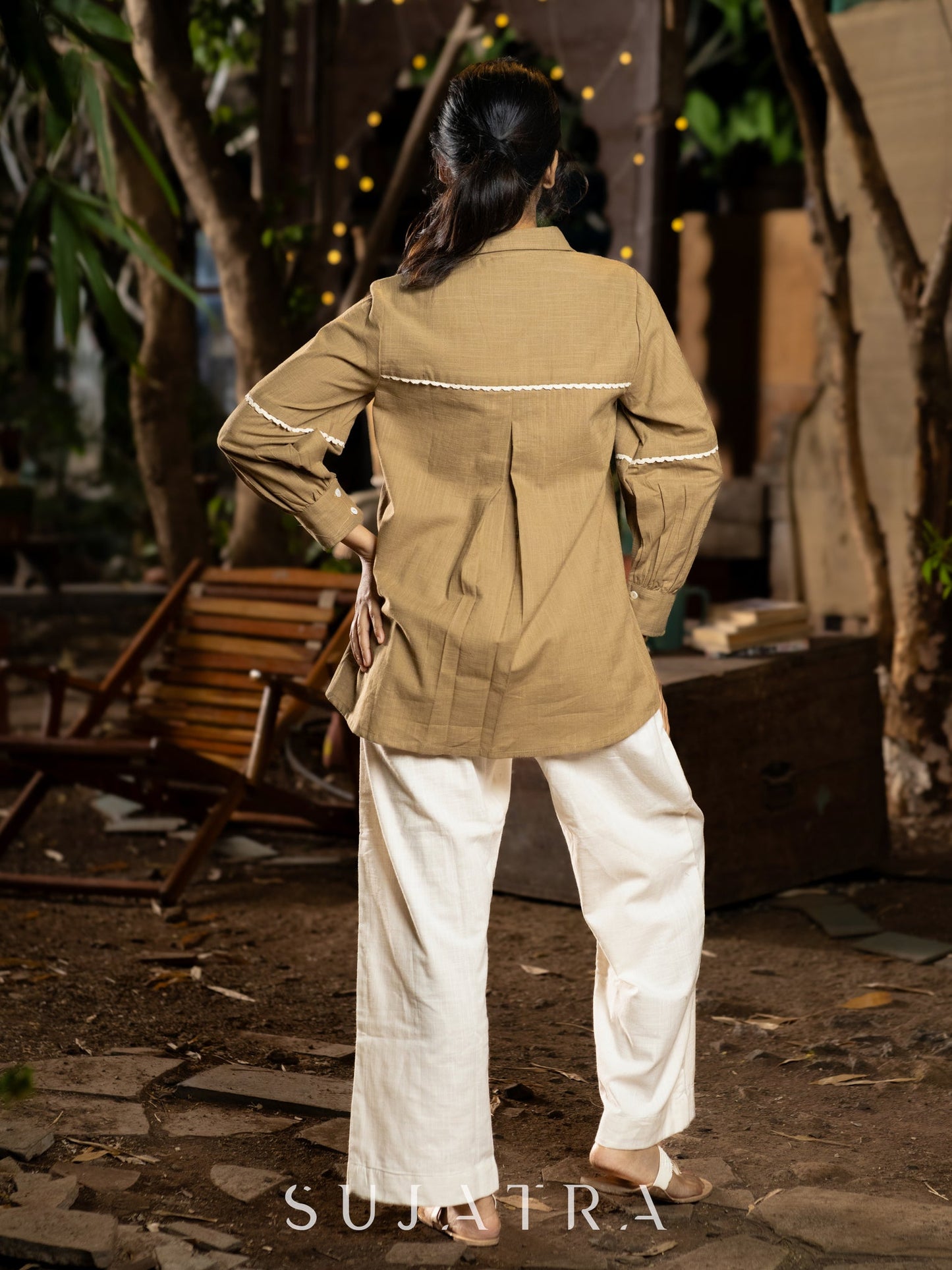 Soft Sand Cotton Shirt with Graceful Crochet Lace Accents