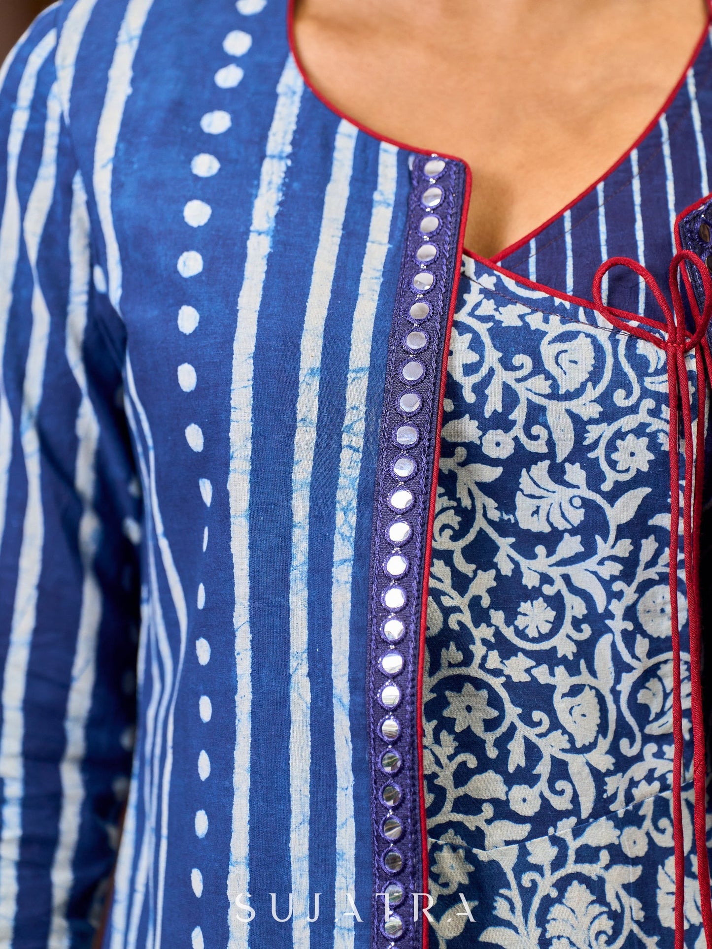 Stylish Indigo Cotton Jacket With Floral Cuffs, Maroon Highlights And Mirror Lace Detailing