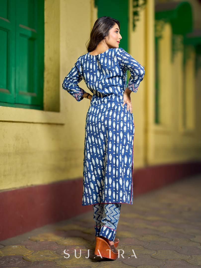 Deep Indigo Kurta with Playful Fish Print, Sculpted Neckline and Magenta Embroidery Accents
