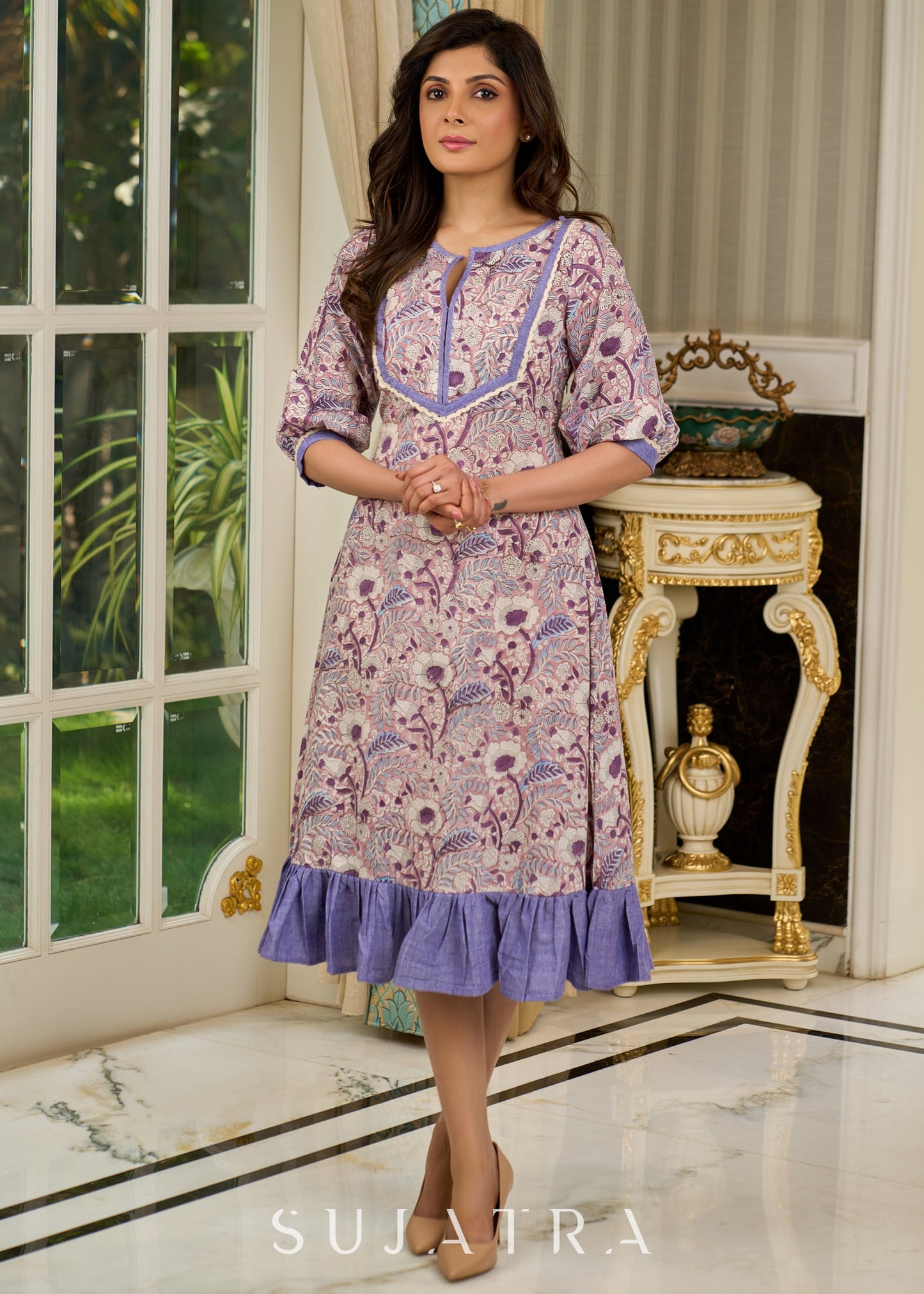 Lively Lavender Floral Printed Cotton Dress with Deep Purple Gathered Flare