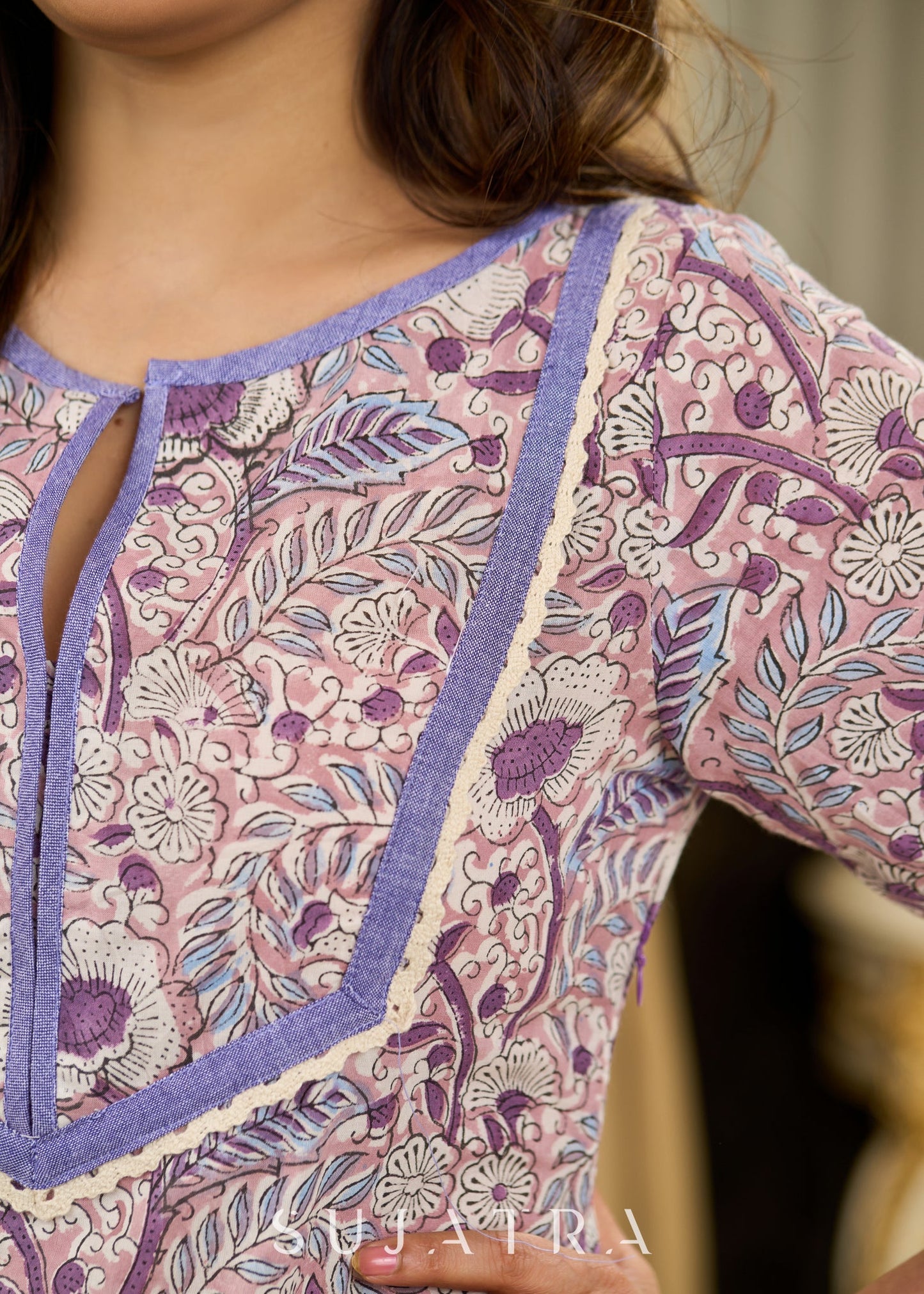 Lively Lavender Floral Printed Cotton Dress with Deep Purple Gathered Flare