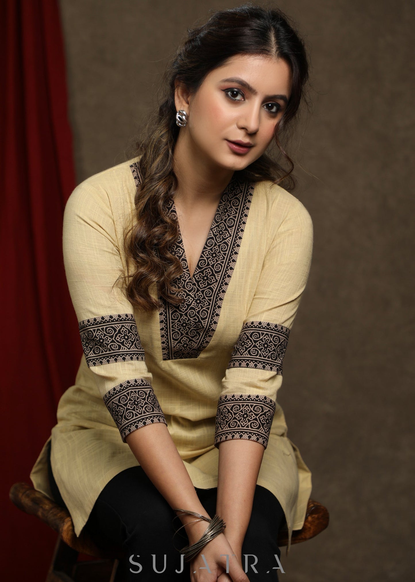 Elegant ochre yellow cotton tunic with ajrakh combination
