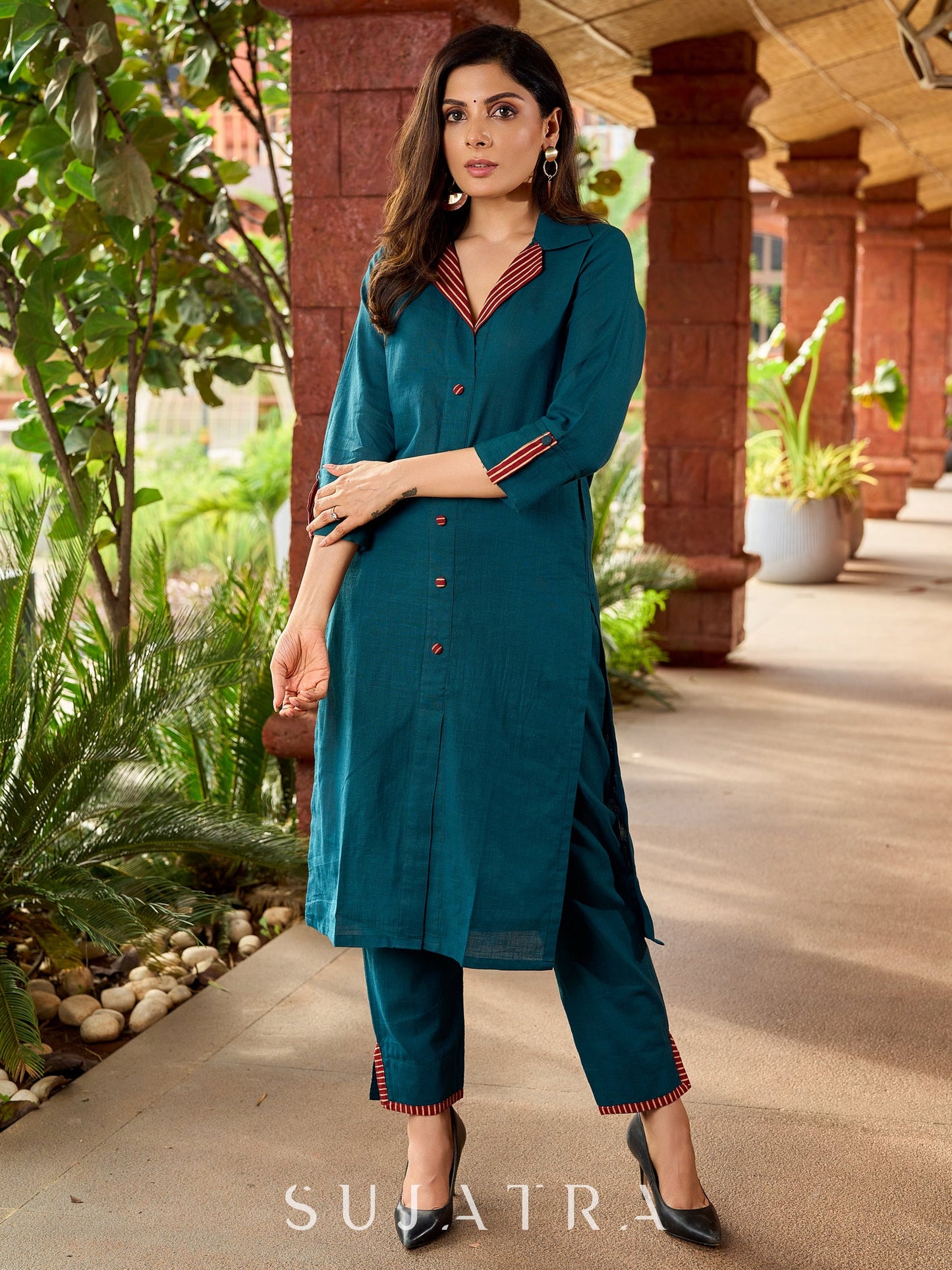 Kalamkari-accented teal cotton kurta with a beautifully balanced combination - teal pant optional