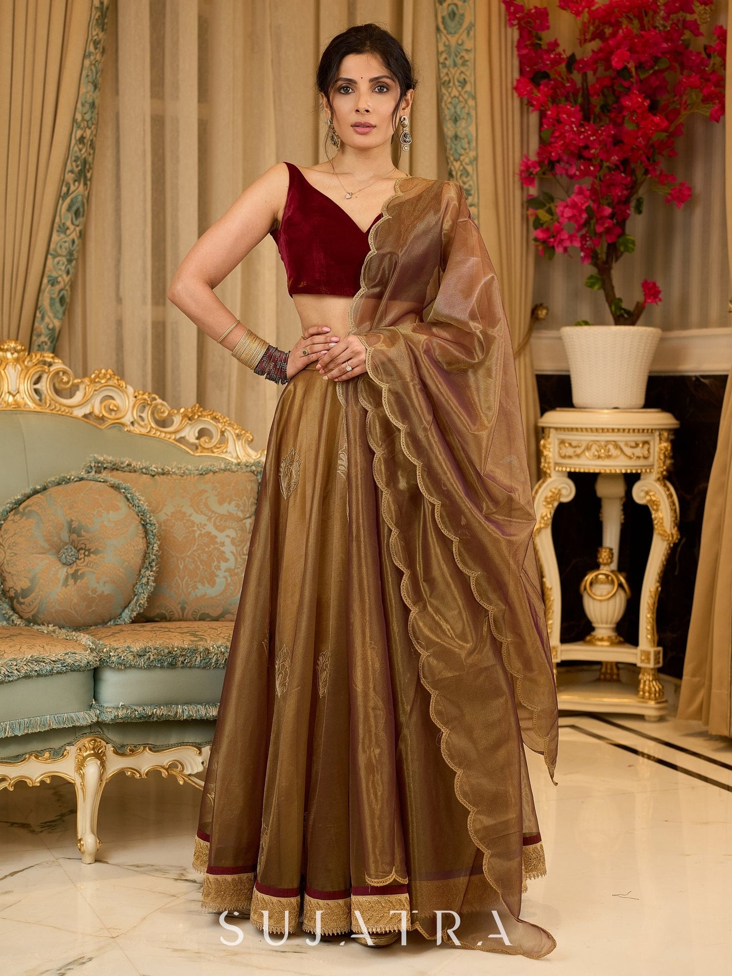 Regal ensemble gold tissue lehenga with intricate embroidery and a stunning velvet blouse - Dupatta Optional