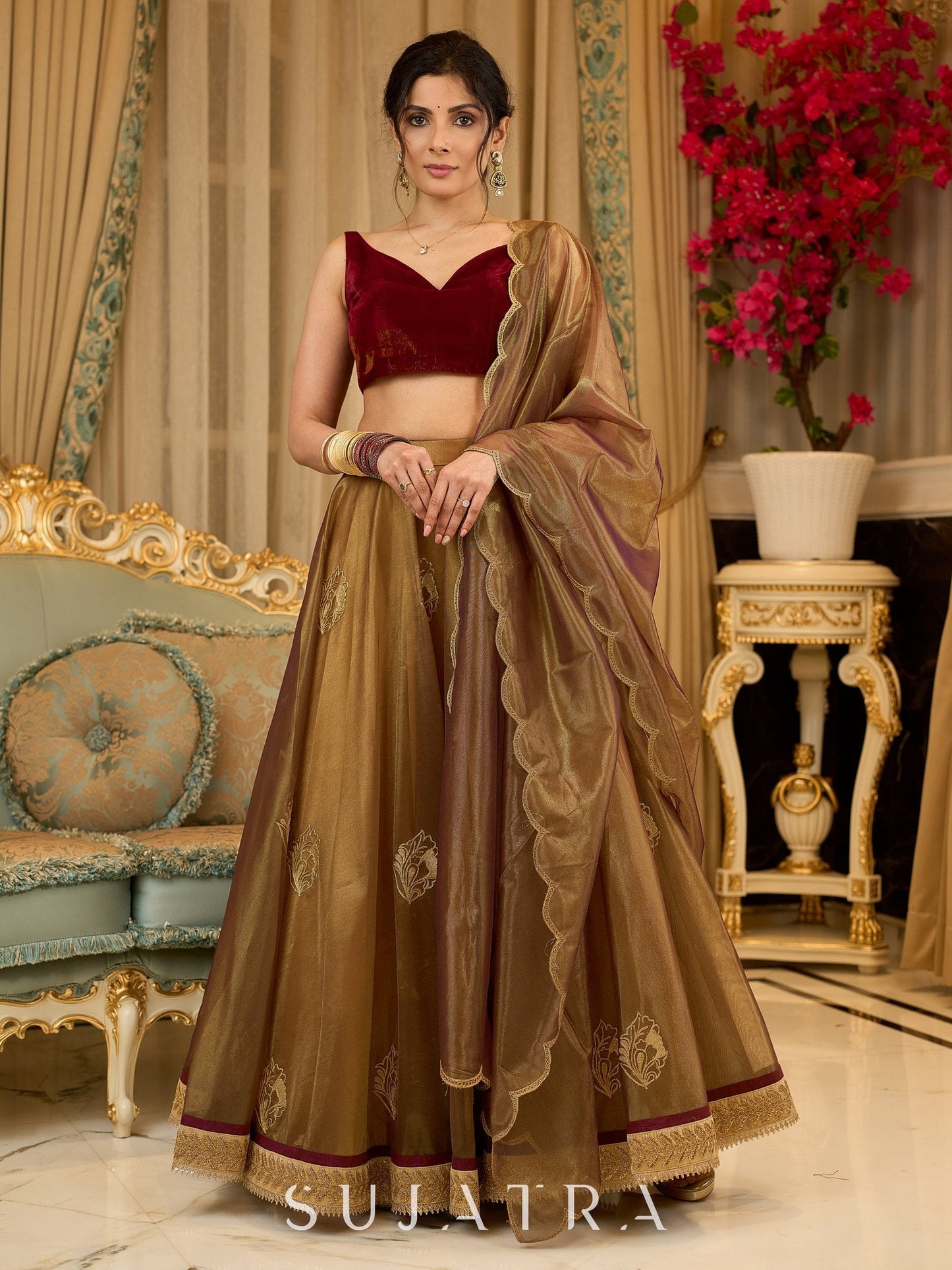 Regal ensemble gold tissue lehenga with intricate embroidery and a stunning velvet blouse - Dupatta Optional