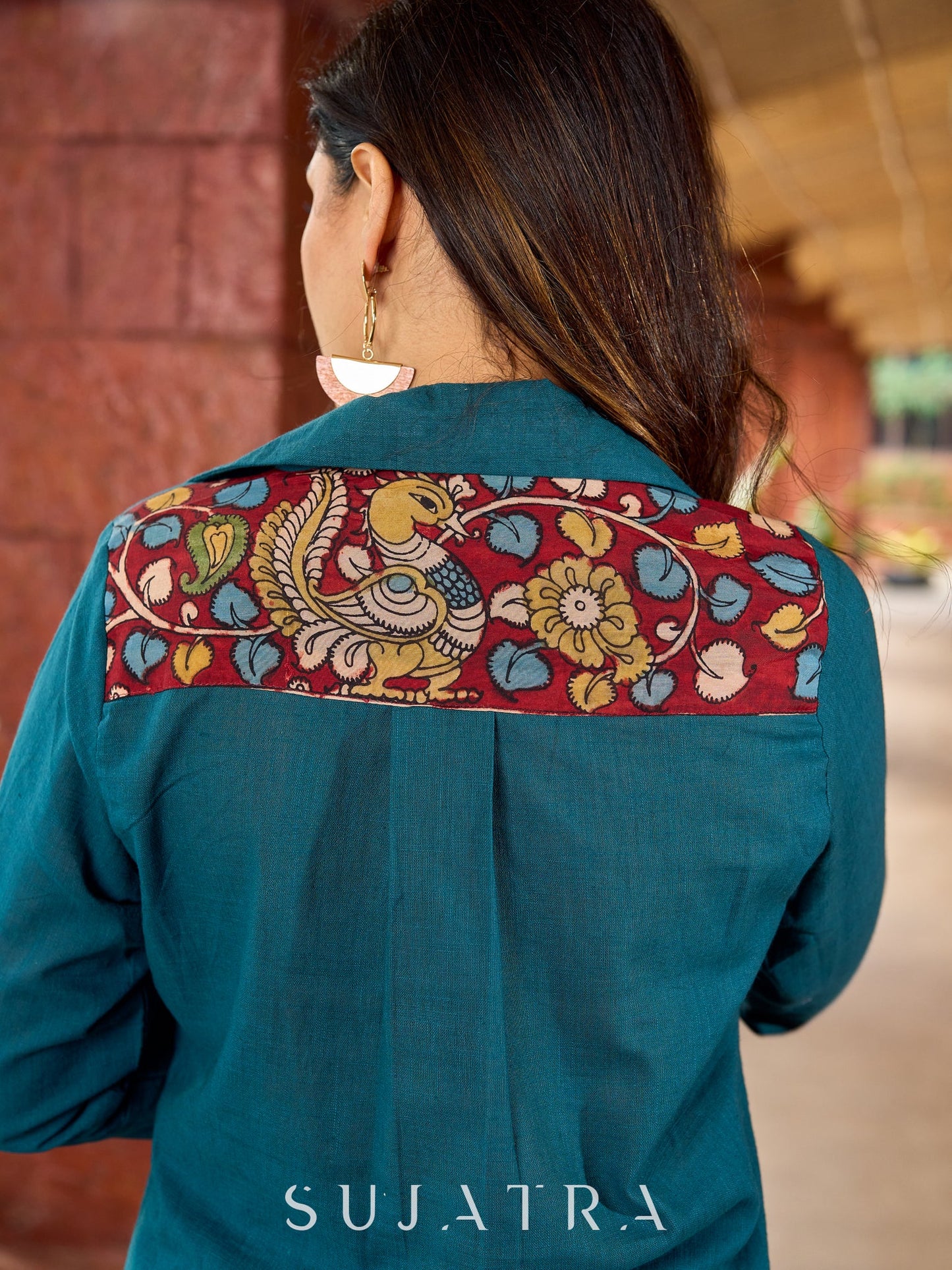Kalamkari-accented teal cotton kurta with a beautifully balanced combination - teal pant optional