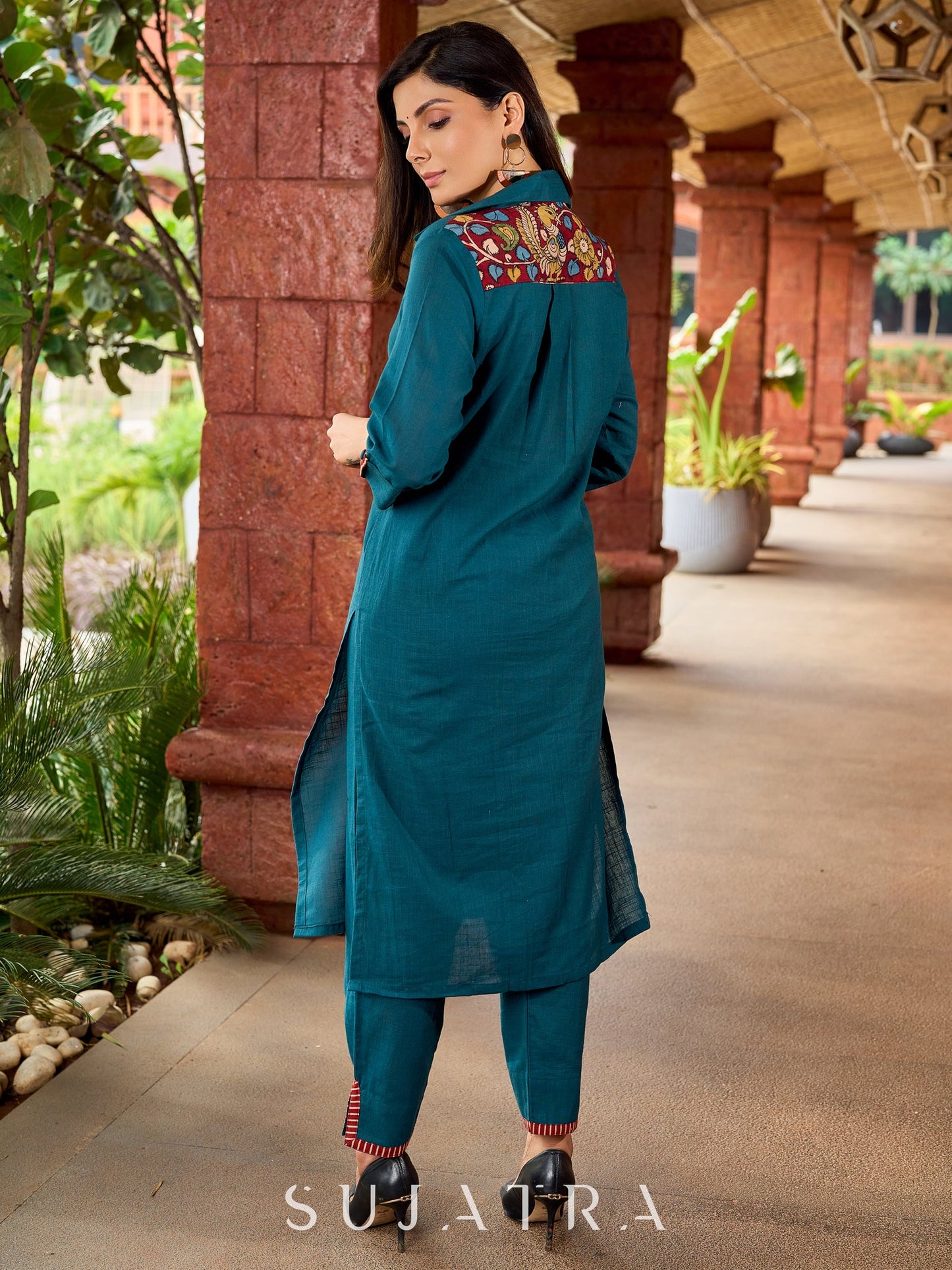 Kalamkari-accented teal cotton kurta with a beautifully balanced combination - teal pant optional