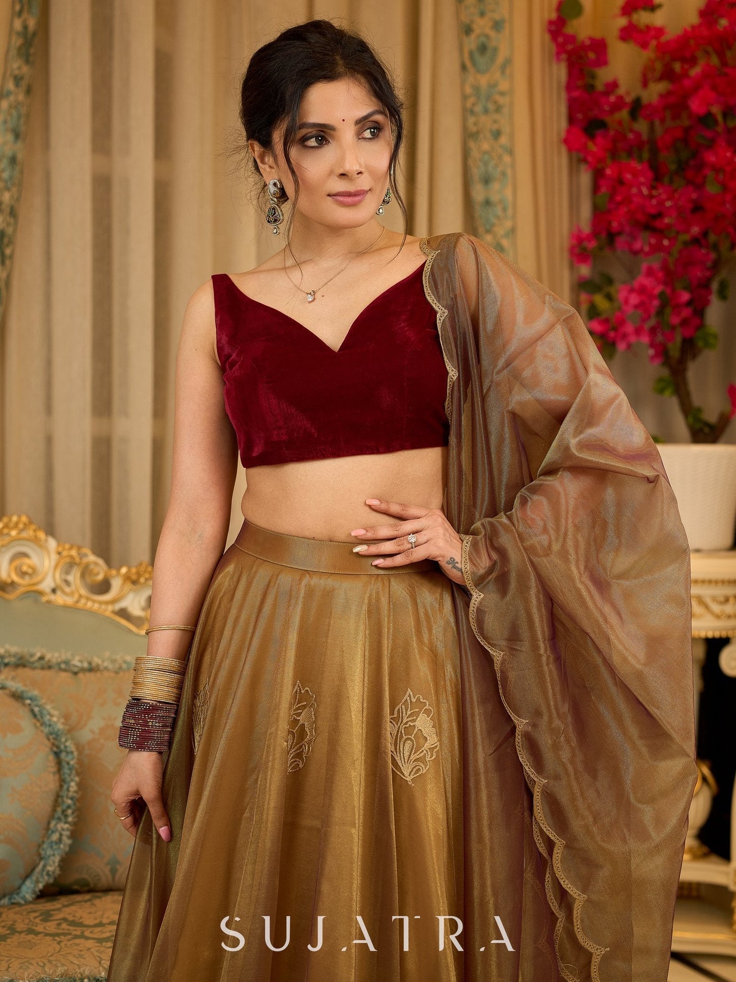 Regal ensemble gold tissue lehenga with intricate embroidery and a stunning velvet blouse - Dupatta Optional