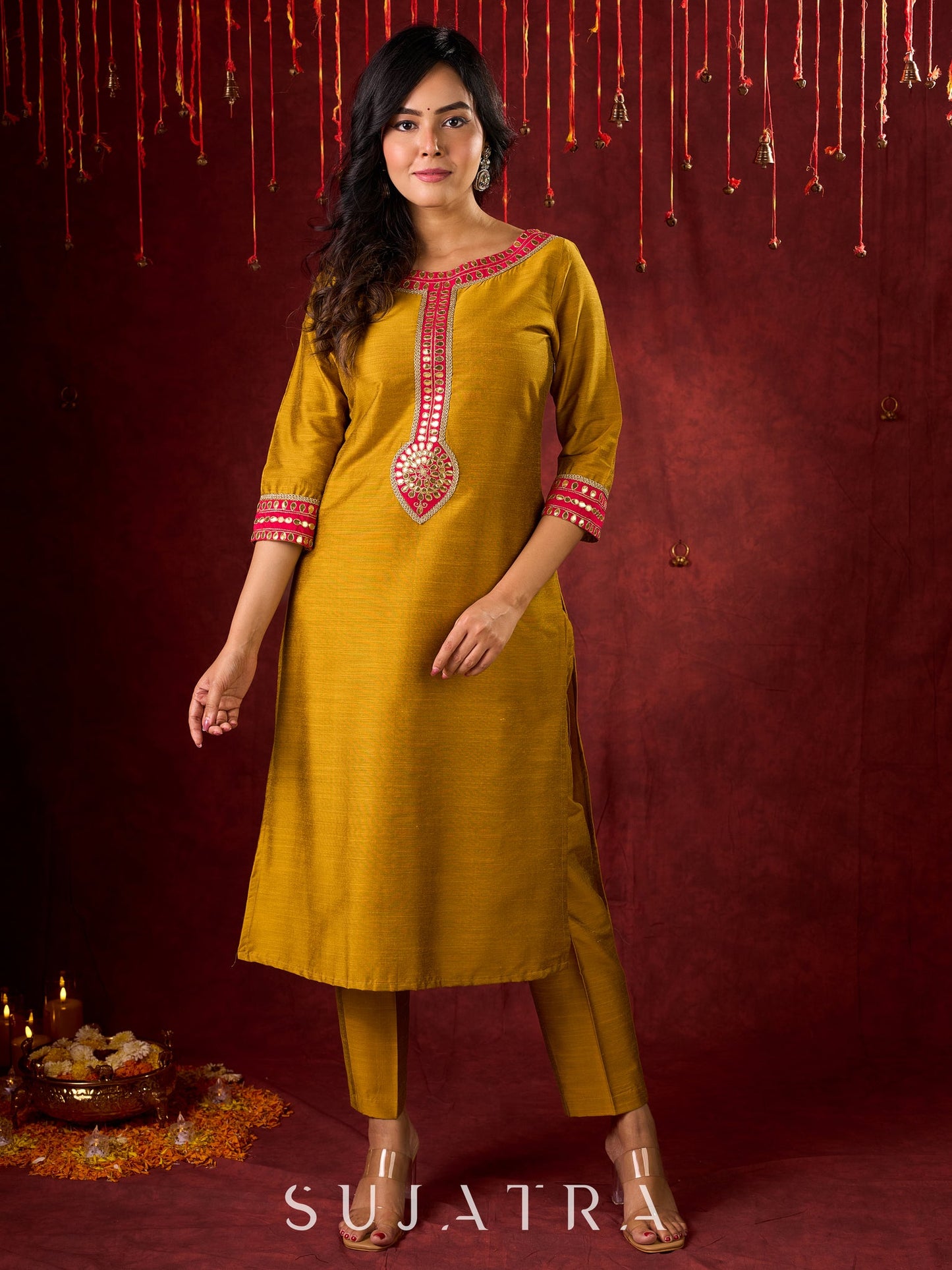 Vibrant Mustard Cotton-Silk Kurta with Pink Highlights & Subtle Gota Patti Work