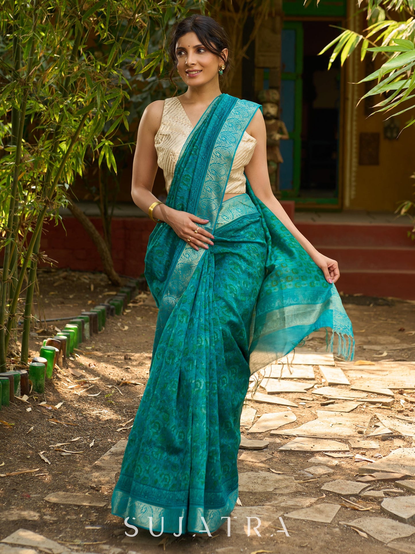 Lustrous Teal Hand Block Printed Silk Blend Saree with Glimmering Border