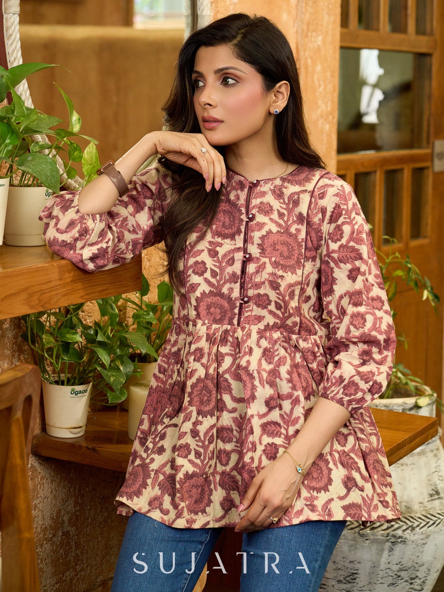 Crimson Garden Floral Printed Gathered Mul Cotton Top
