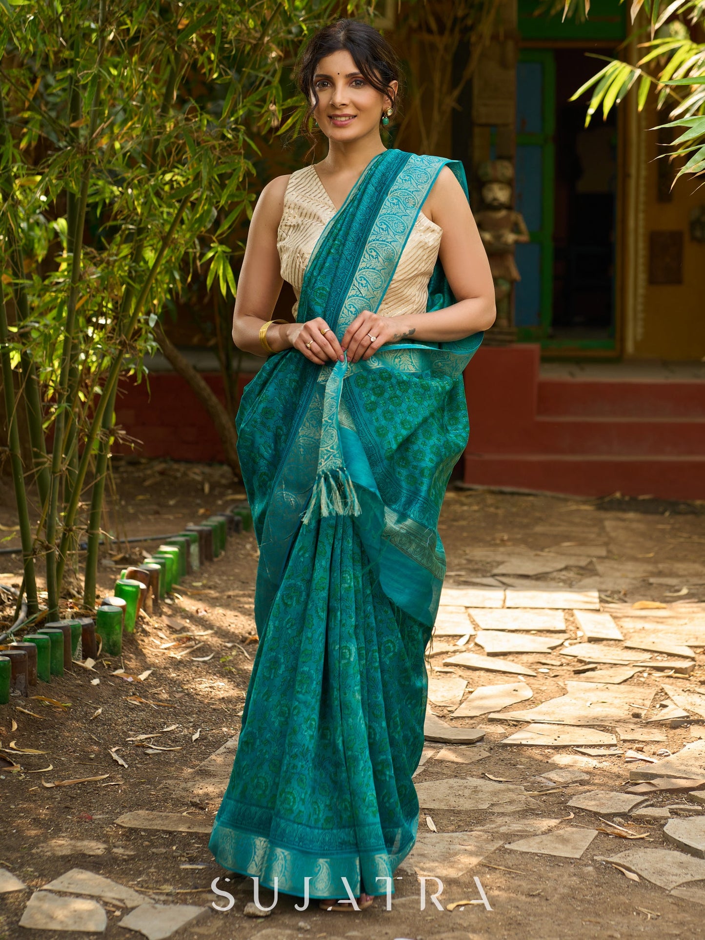 Lustrous Teal Hand Block Printed Silk Blend Saree with Glimmering Border