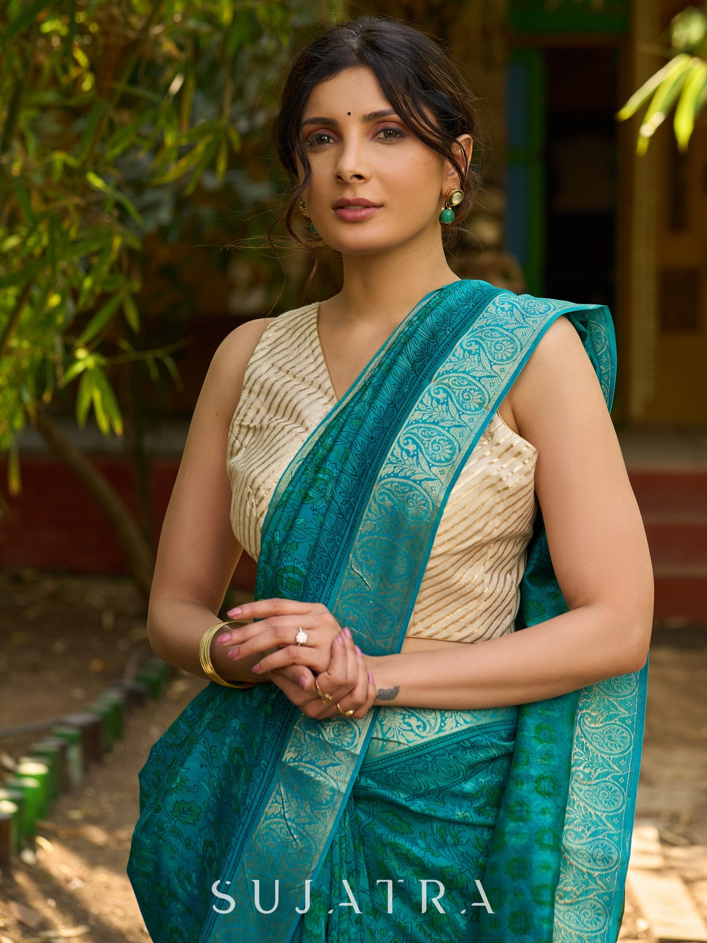 Lustrous Teal Hand Block Printed Silk Blend Saree with Glimmering Border