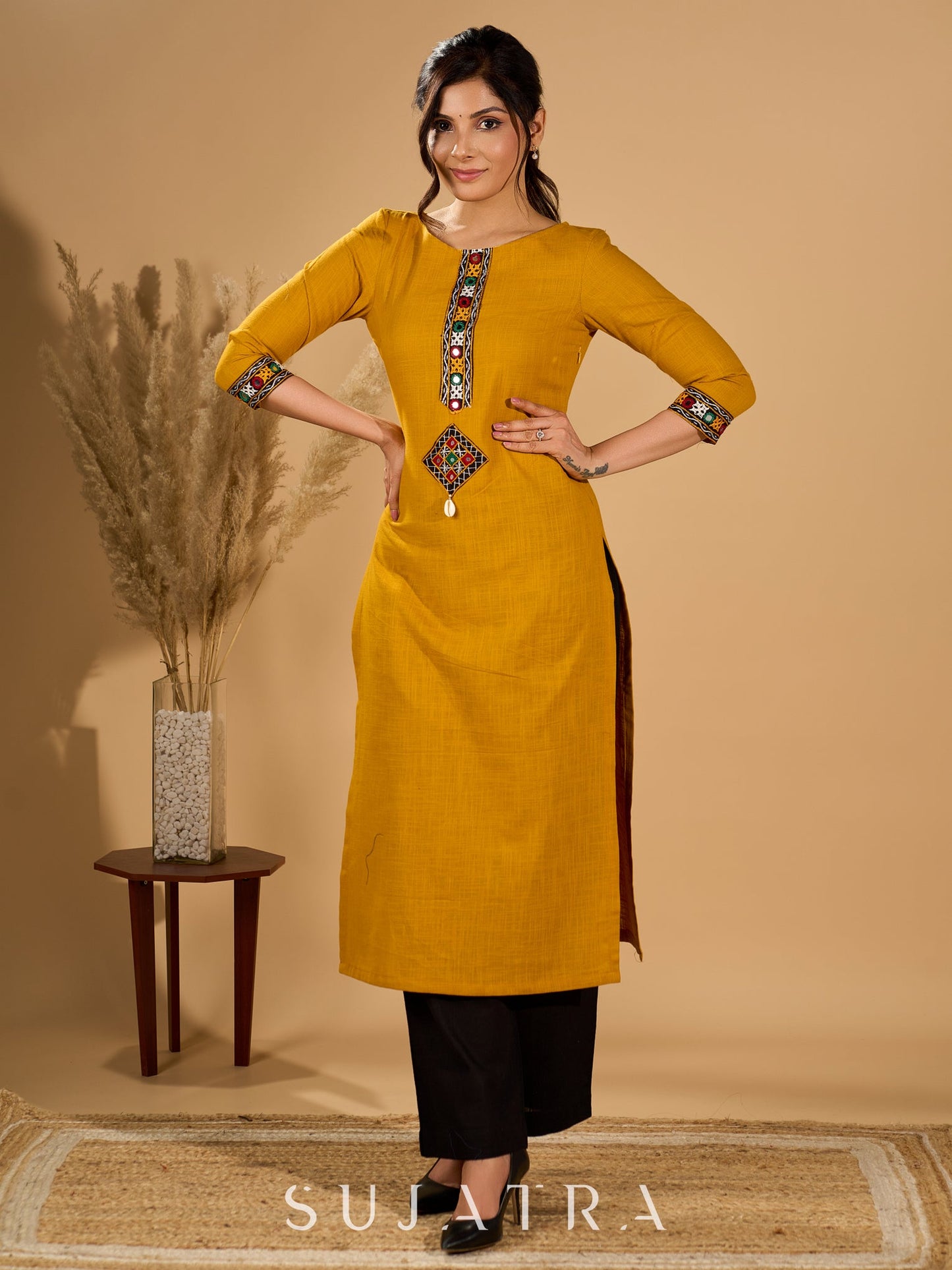 Mellow Mustard Kurta with Mirror Magic Sleeves and Placket