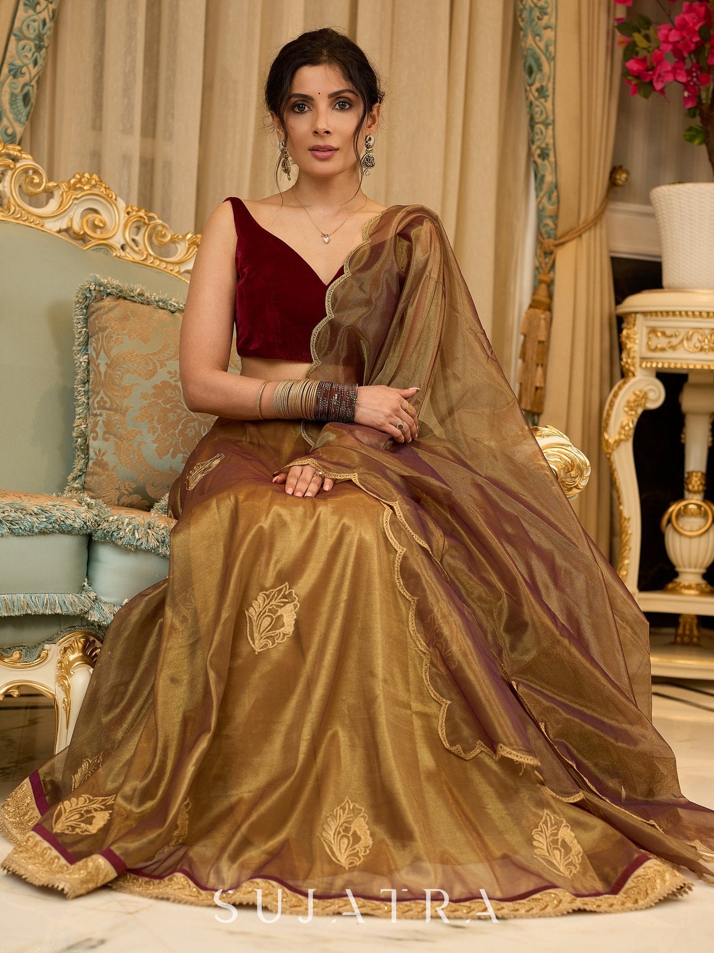 Regal ensemble gold tissue lehenga with intricate embroidery and a stunning velvet blouse - Dupatta Optional
