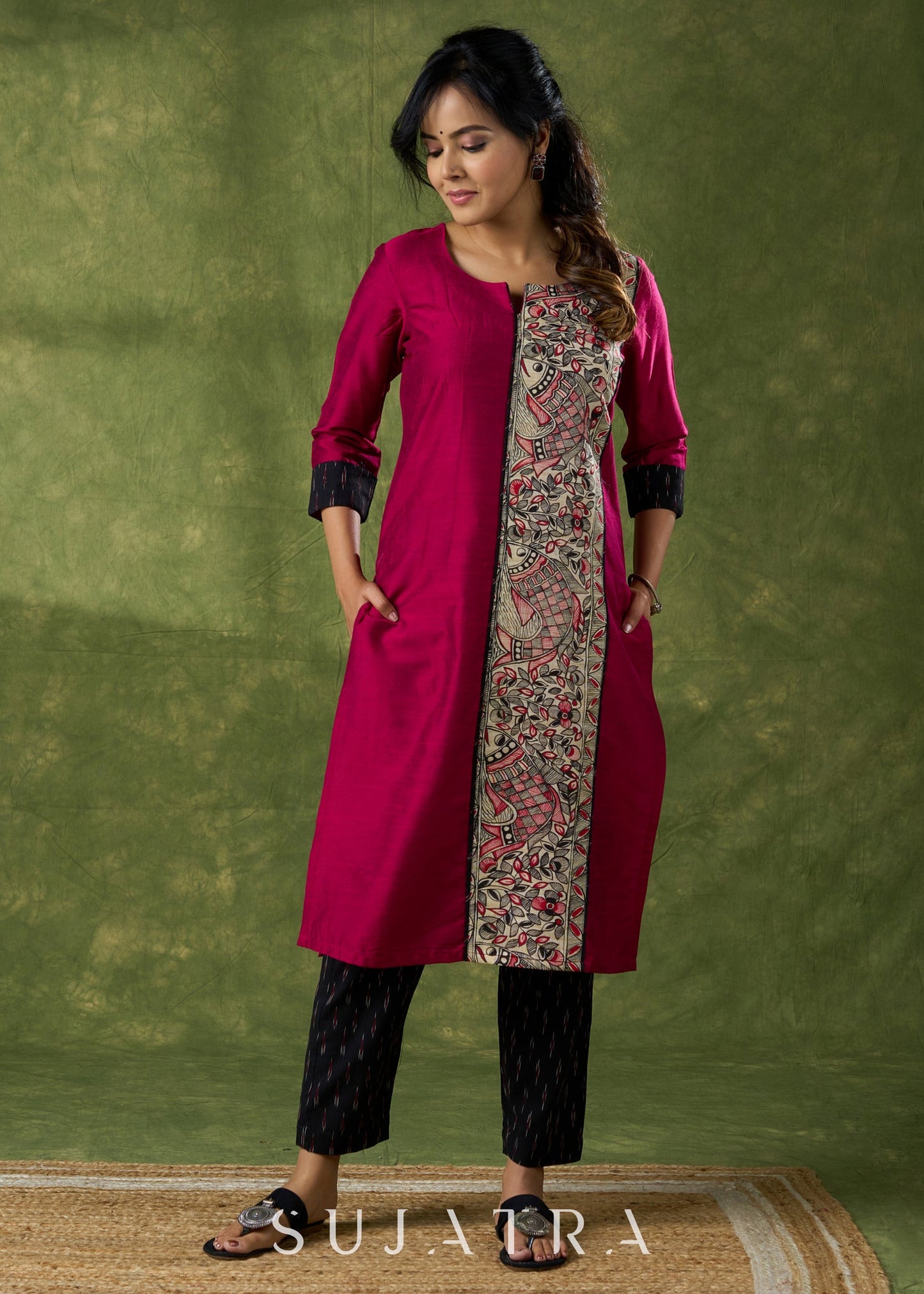 Classic Magenta Cotton Silk Kurta With Hand Painted Madhubani Panel - Pant Additional