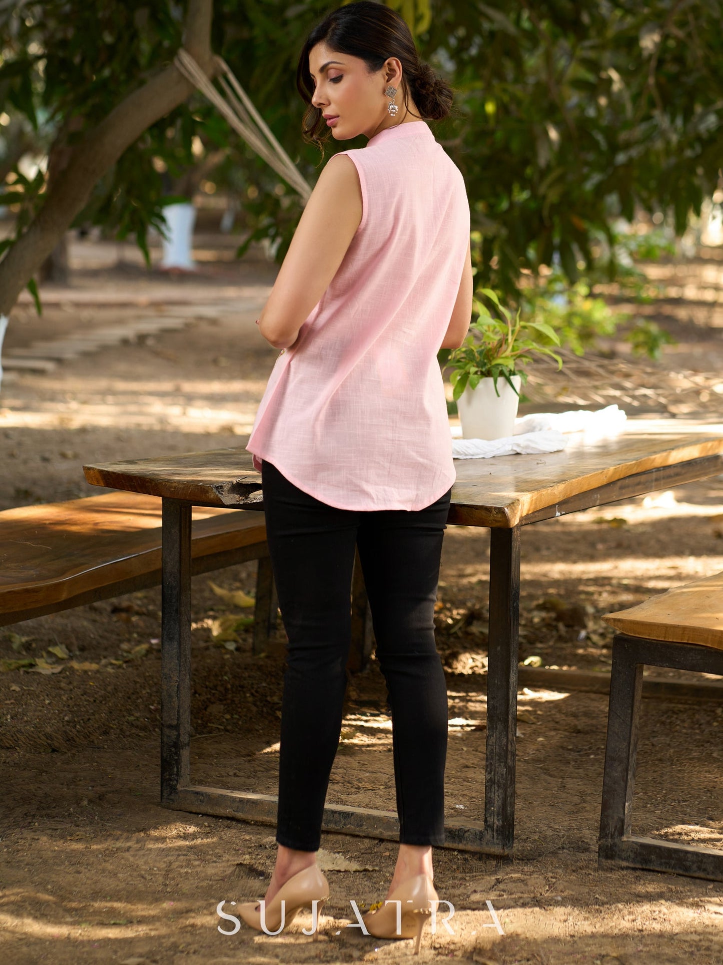 Blooming Baby Pink Cotton Slub Sleeveless Collared Top with Placket & Delicate Hand Embroidery