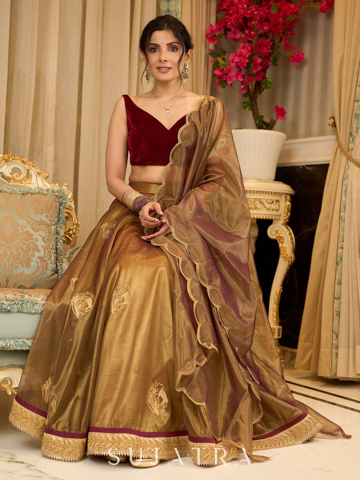 Regal ensemble gold tissue lehenga with intricate embroidery and a stunning velvet blouse - Dupatta Optional