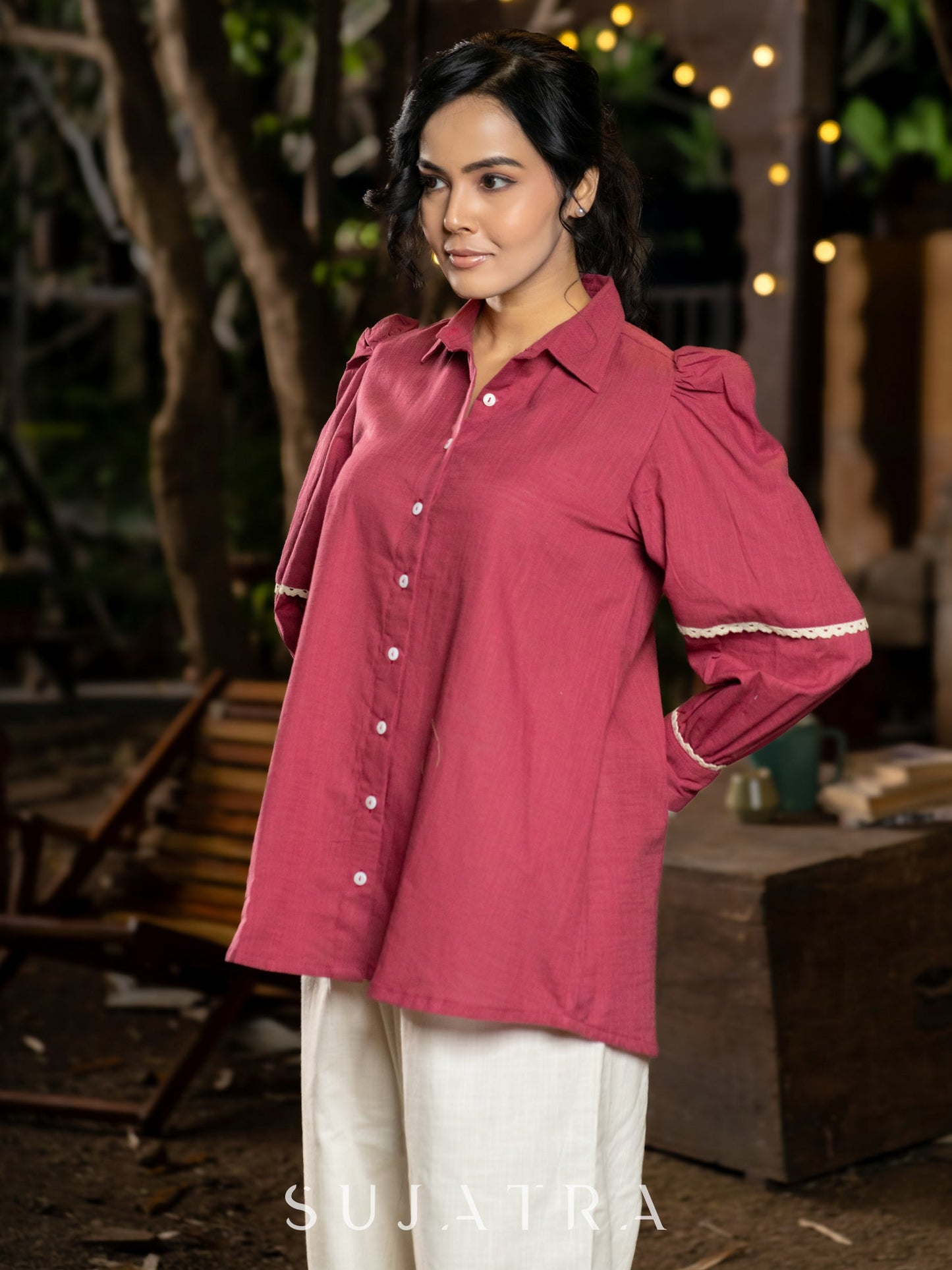 Majestic Magenta Cotton Shirt with Puffy Sleeves & Delicate Crochet Lace Embellishments