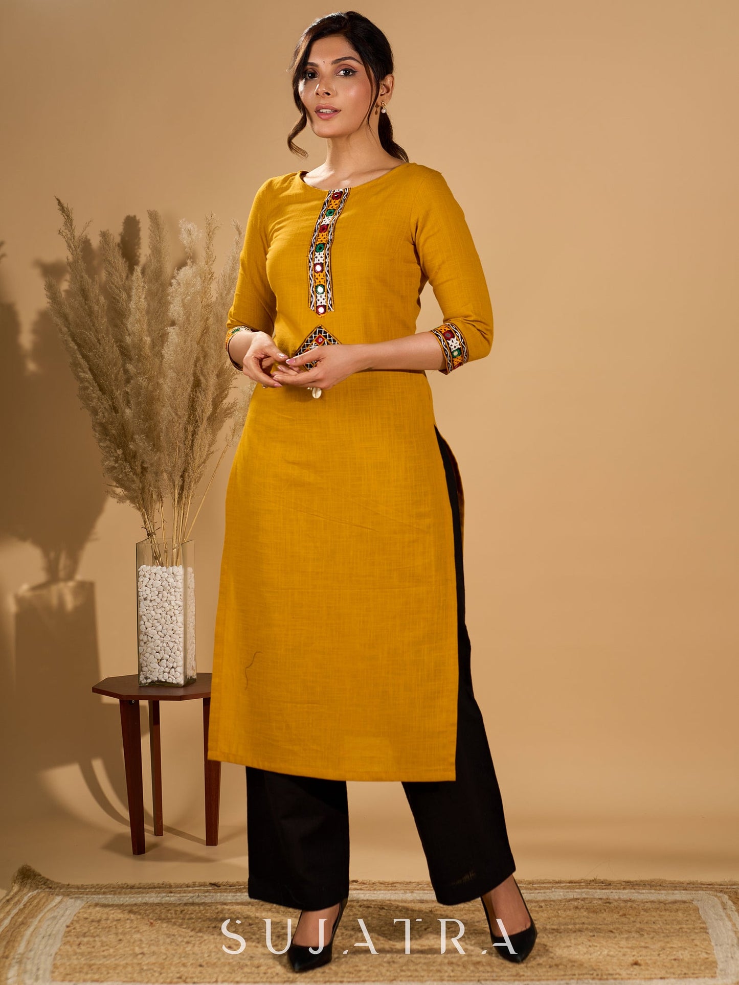 Mellow Mustard Kurta with Mirror Magic Sleeves and Placket