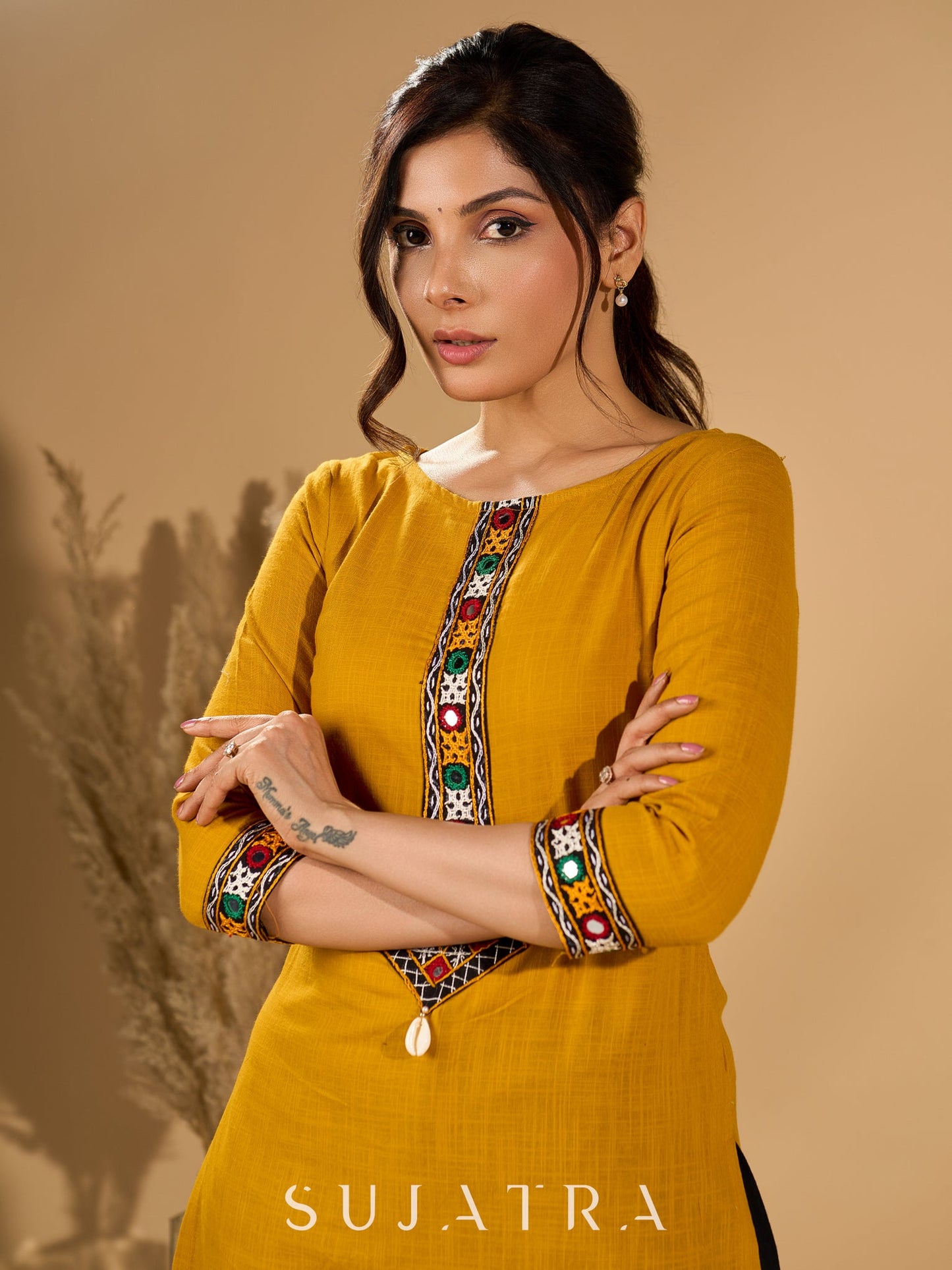 Mellow Mustard Kurta with Mirror Magic Sleeves and Placket