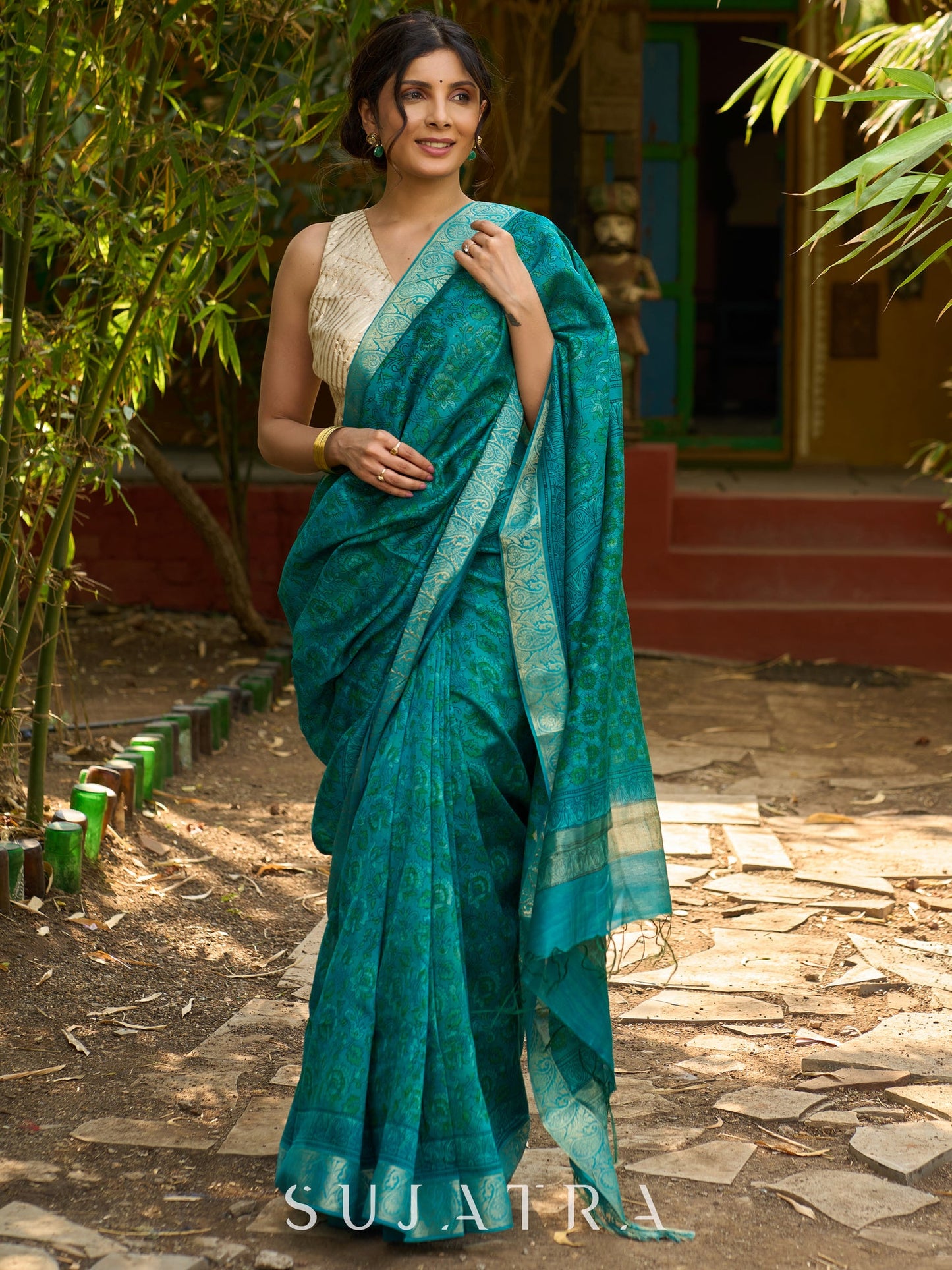 Lustrous Teal Hand Block Printed Silk Blend Saree with Glimmering Border