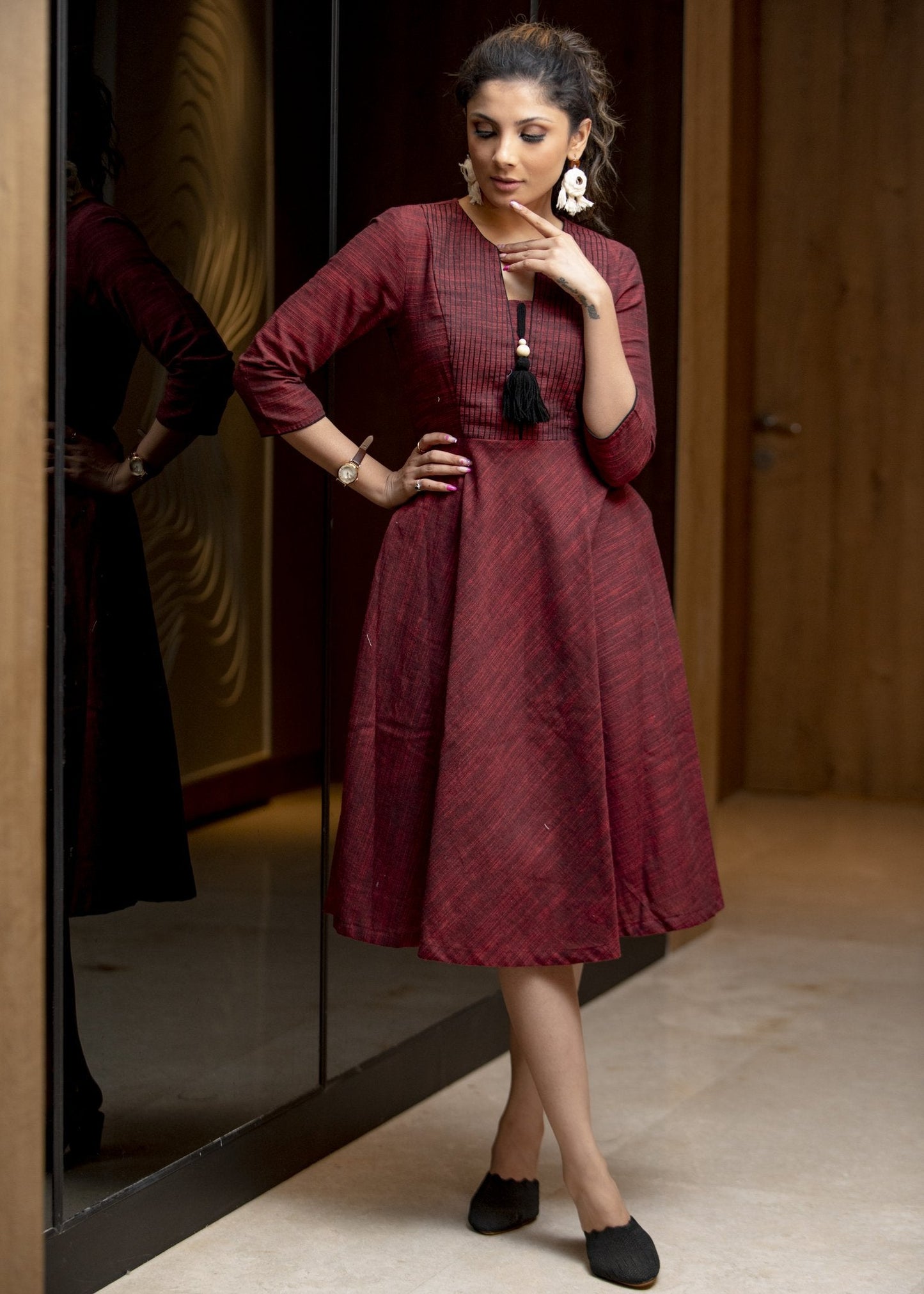 Exclusive maroon pure cotton dress with pintucks infront