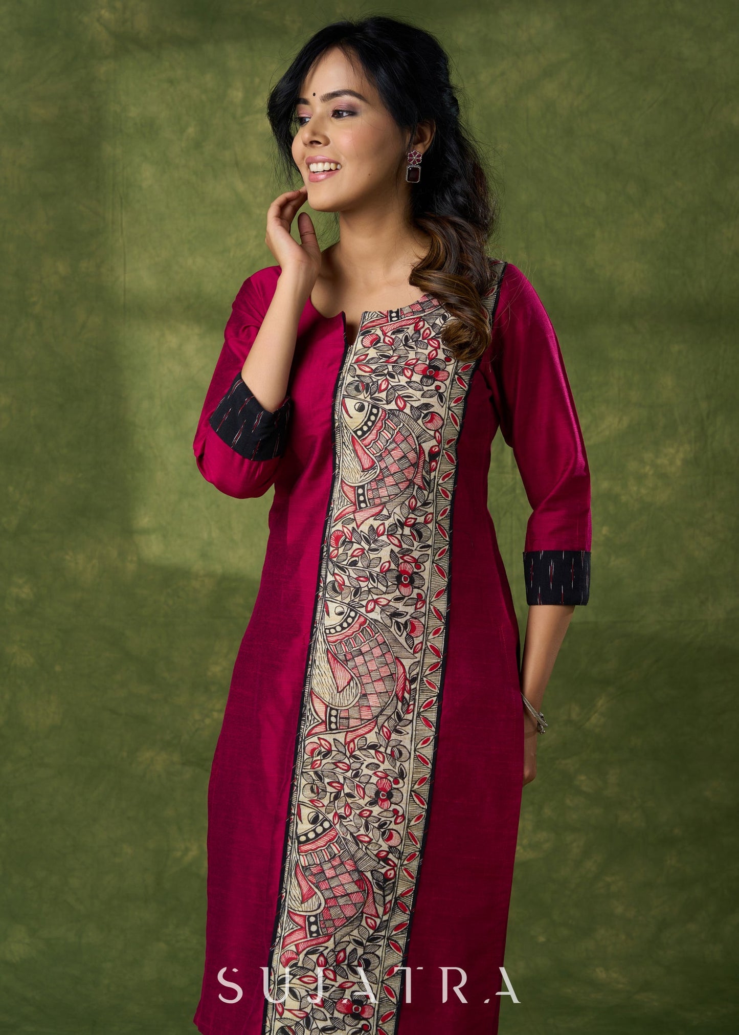 Classic Magenta Cotton Silk Kurta With Hand Painted Madhubani Panel - Pant Additional