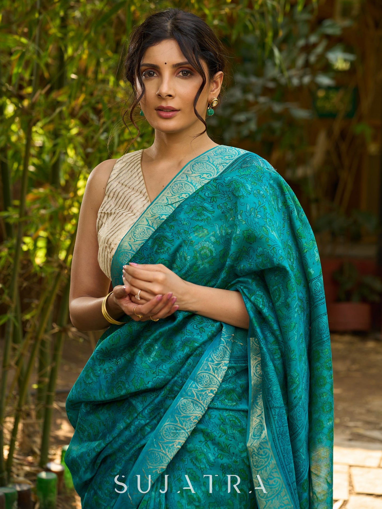 Lustrous Teal Hand Block Printed Silk Blend Saree with Glimmering Border