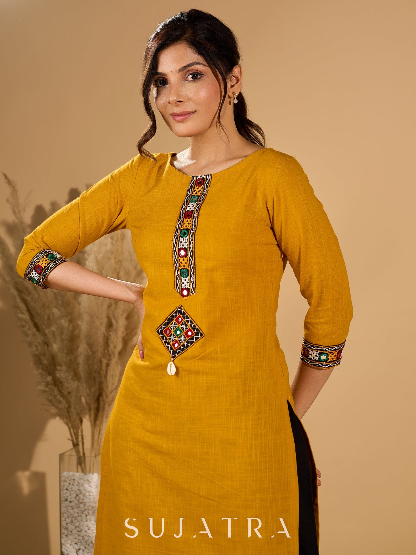Mellow Mustard Kurta with Mirror Magic Sleeves and Placket