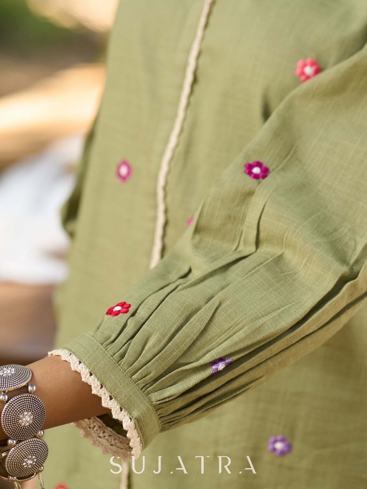 Mystical Mint Green Cotton Slub Top with Mandarin Collar, Placket, Delicate Floral Embroidery & Crochet Lace Accents