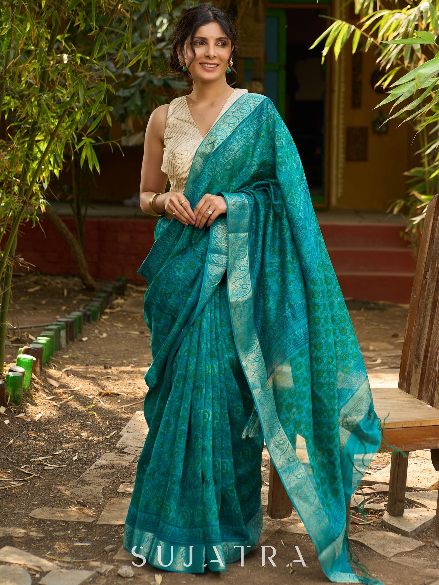 Lustrous Teal Hand Block Printed Silk Blend Saree with Glimmering Border