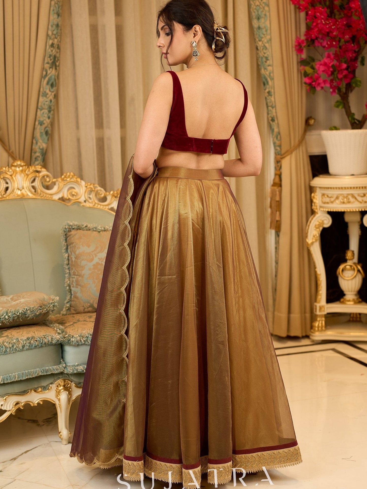 Regal ensemble gold tissue lehenga with intricate embroidery and a stunning velvet blouse - Dupatta Optional