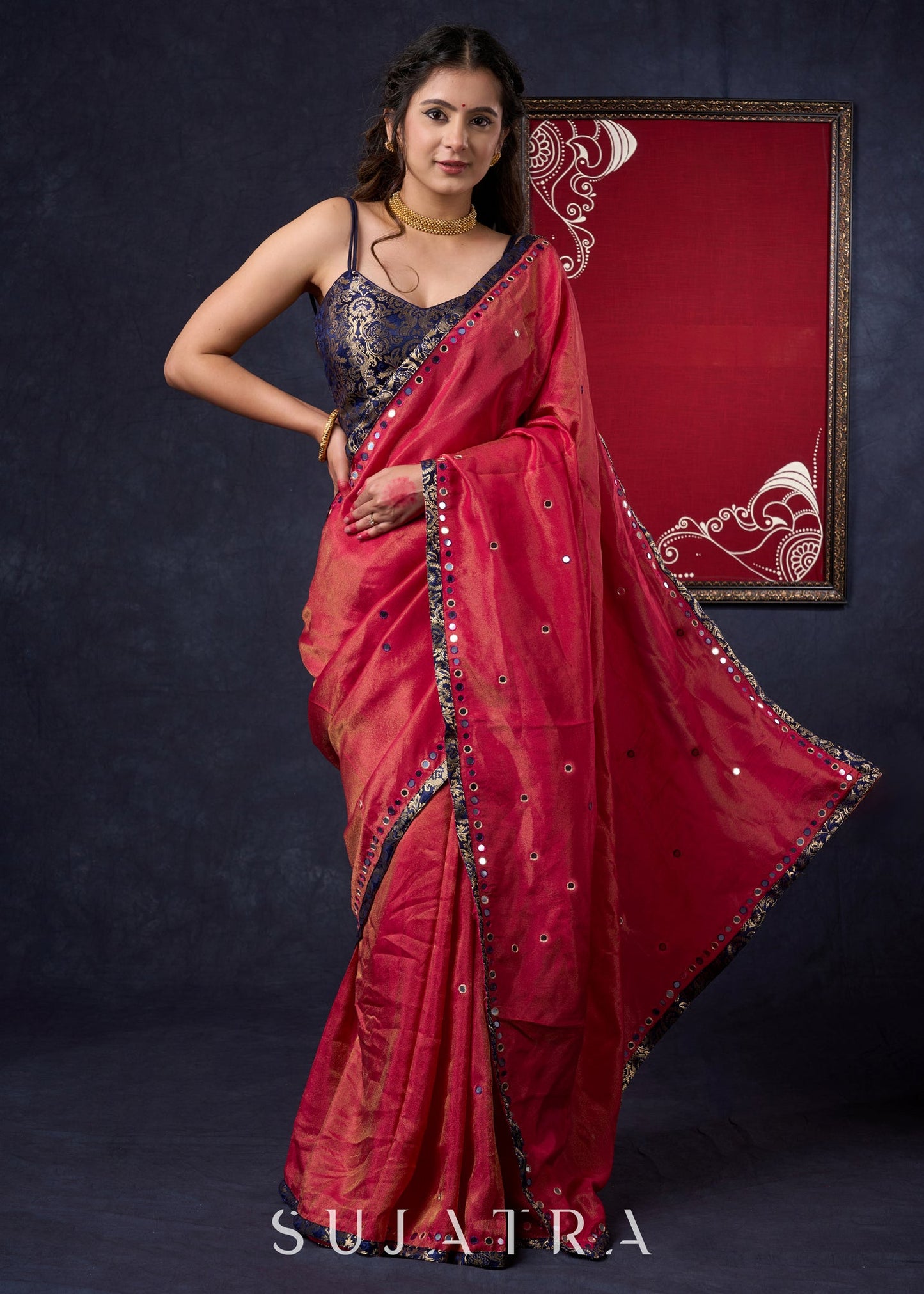 Mesmerizing Tissue Saree with all-over mirror work detailing highlighted with Banaseri Border