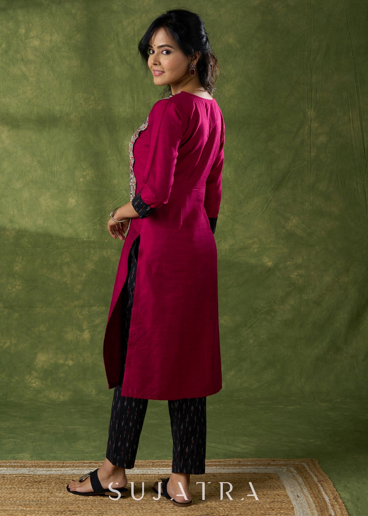 Classic Magenta Cotton Silk Kurta With Hand Painted Madhubani Panel - Pant Additional