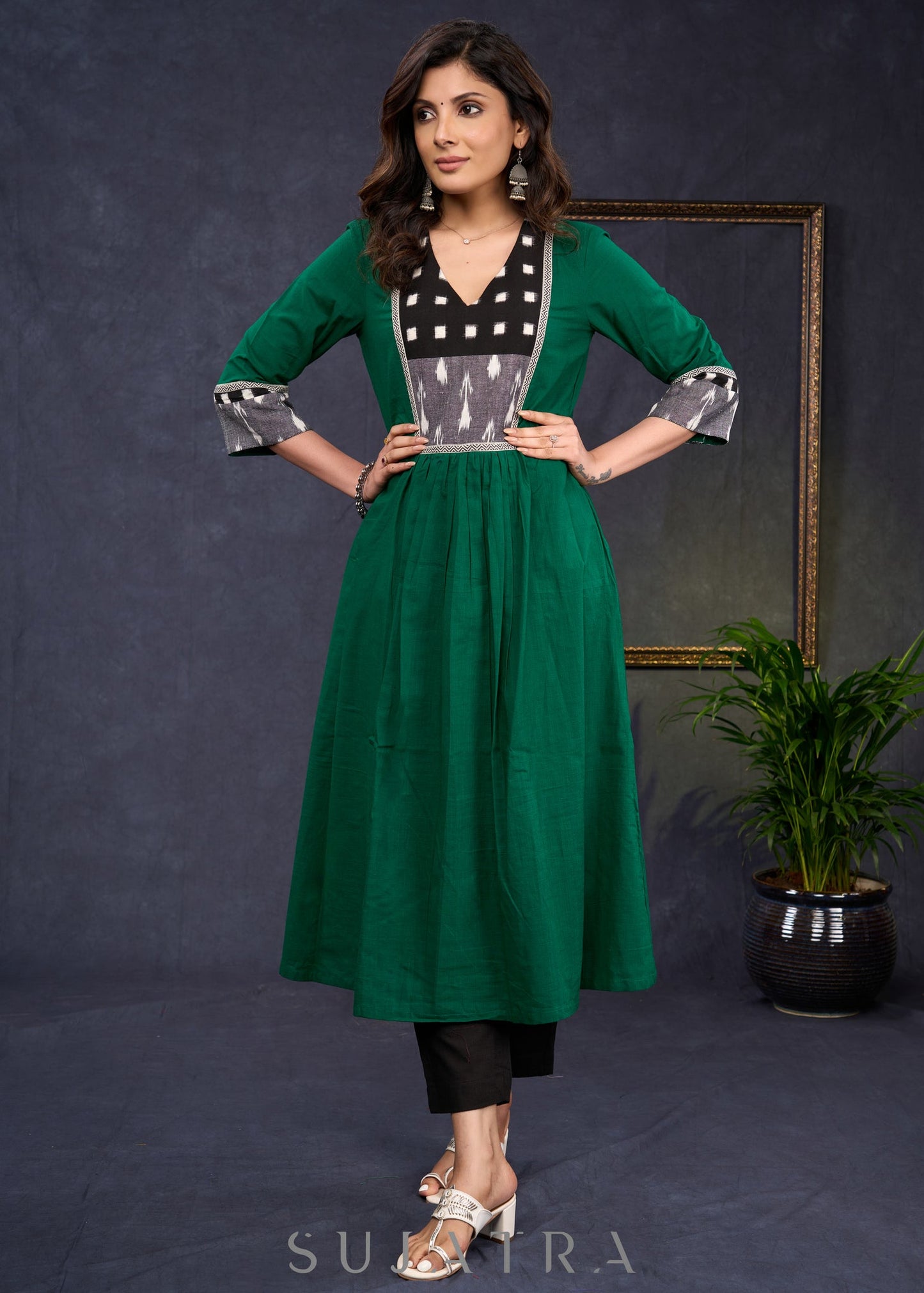 Elegant-Bottle-Green-Cotton-A-Line-Kurta-Highlighted-With-Ikat-Combination--Pant-Optional