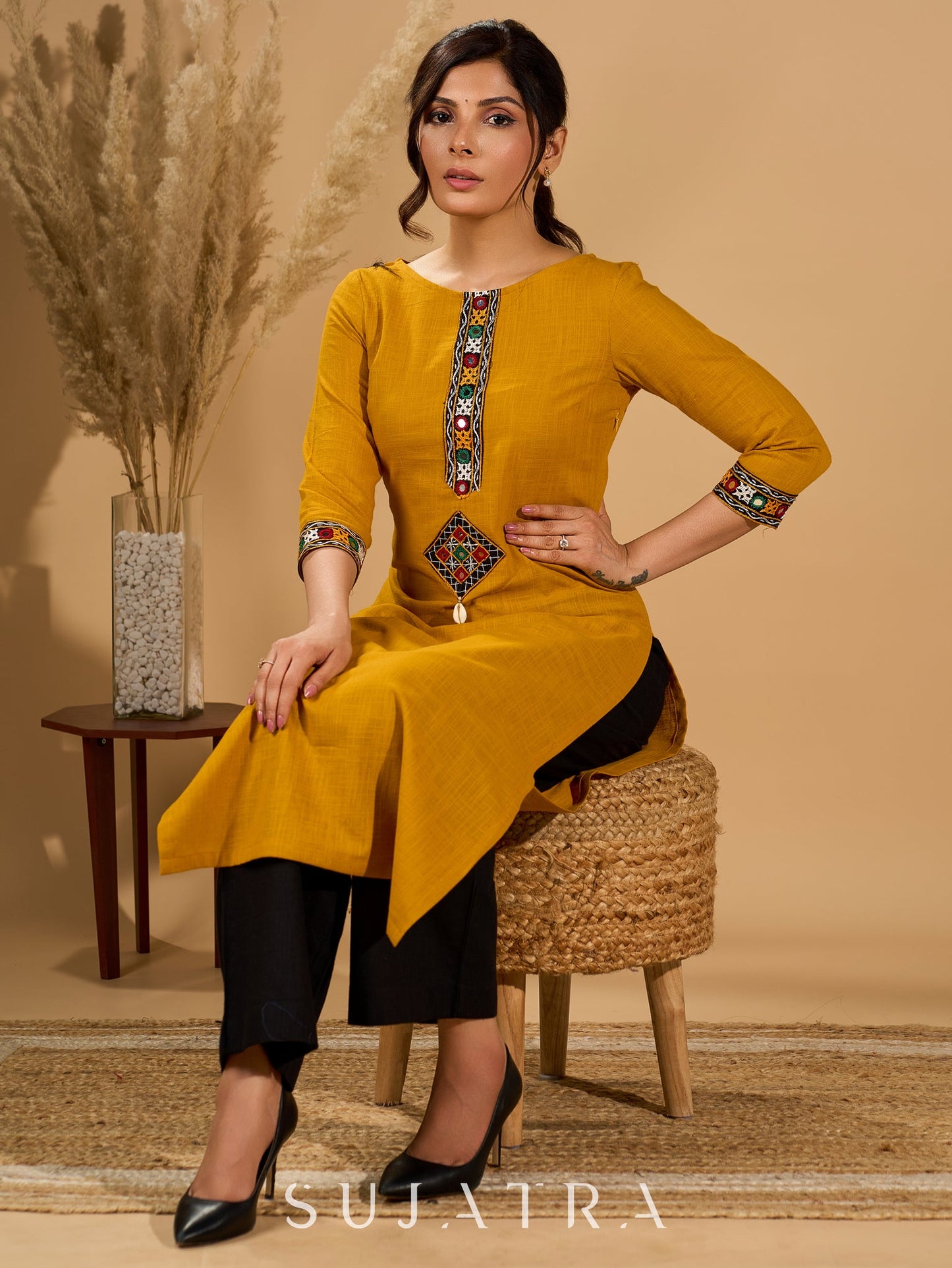 Mellow Mustard Kurta with Mirror Magic Sleeves and Placket