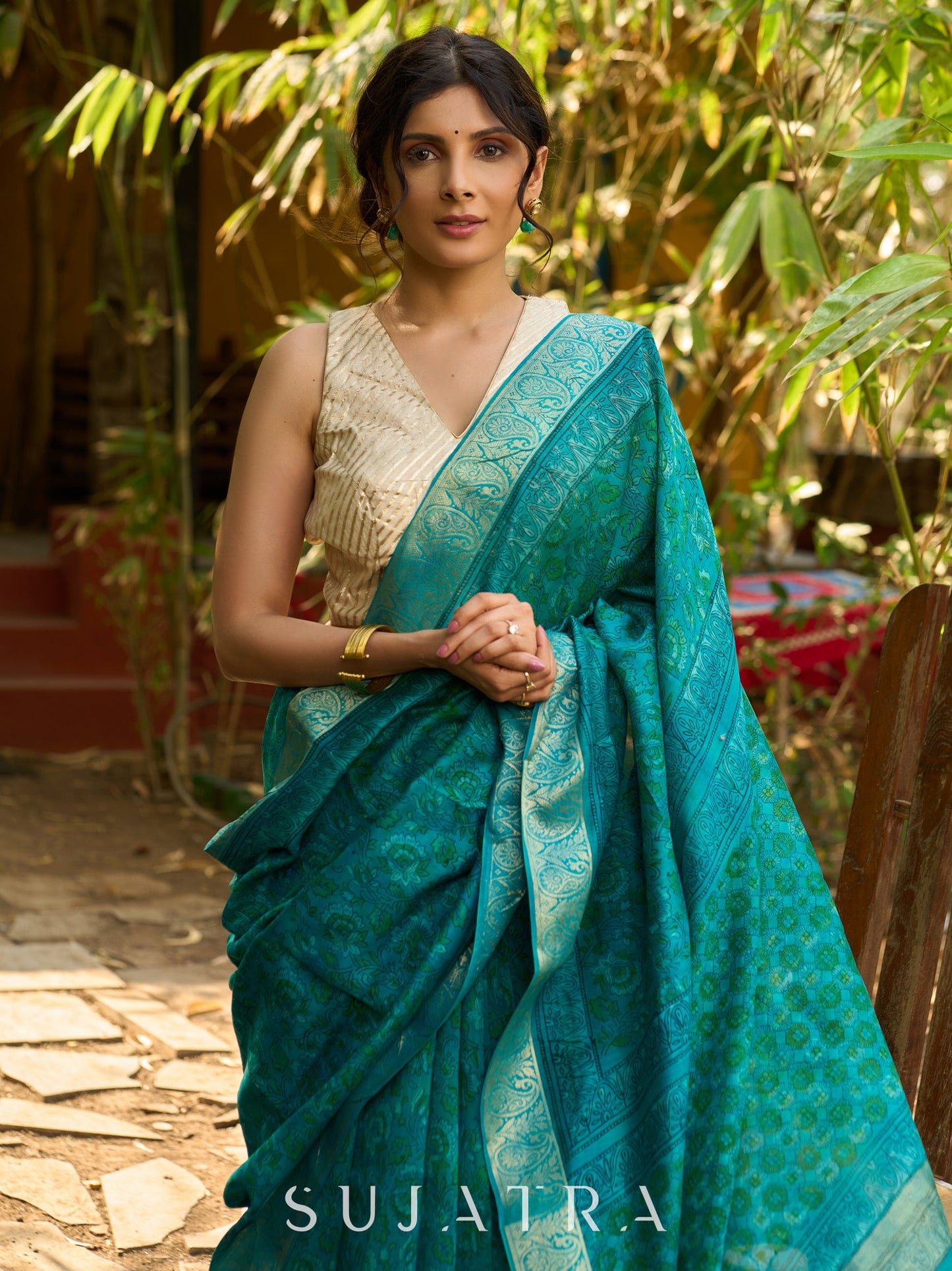 Lustrous Teal Hand Block Printed Silk Blend Saree with Glimmering Border