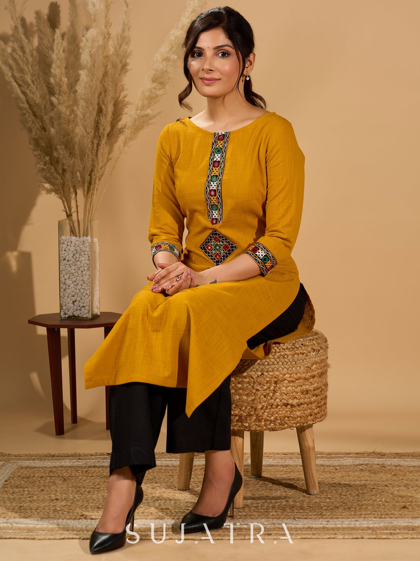 Mellow Mustard Kurta with Mirror Magic Sleeves and Placket