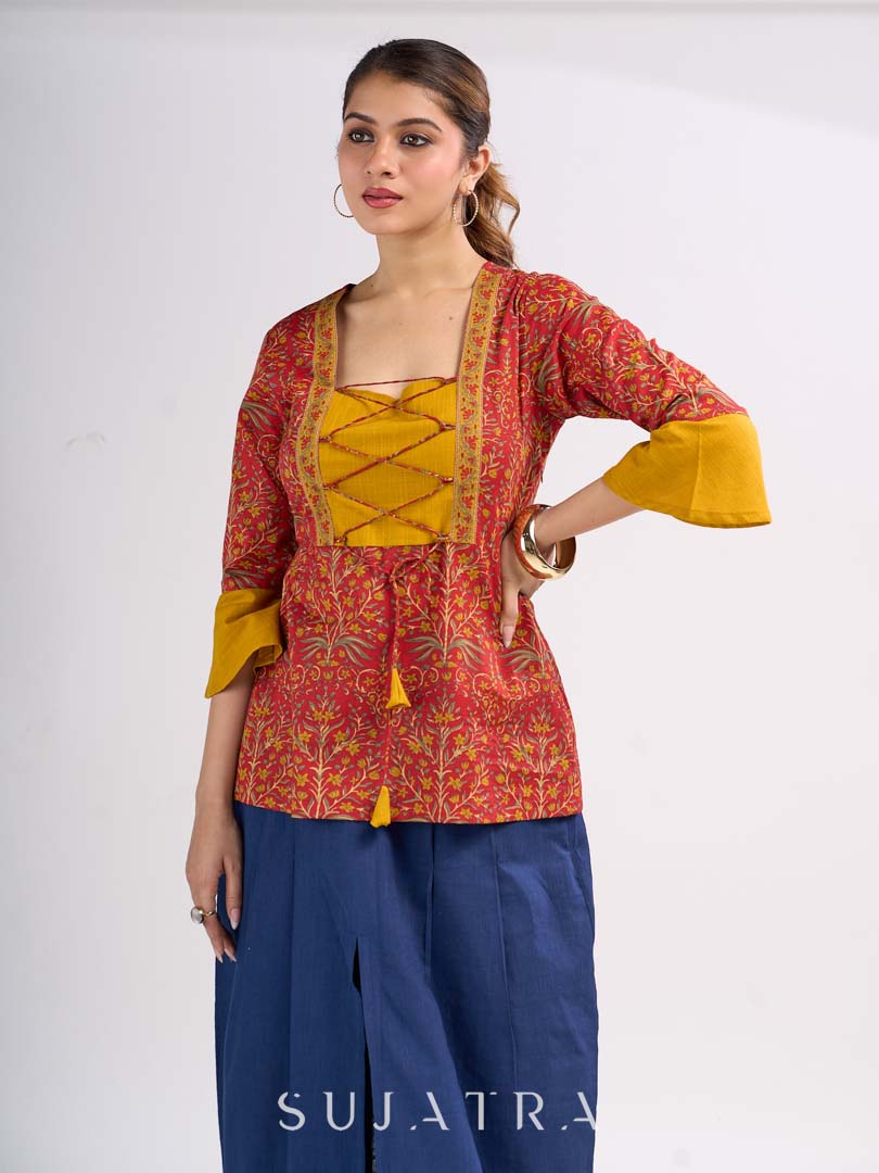 Red Floral Printed Top with Mustard Yoke and Statement Tie Up Design