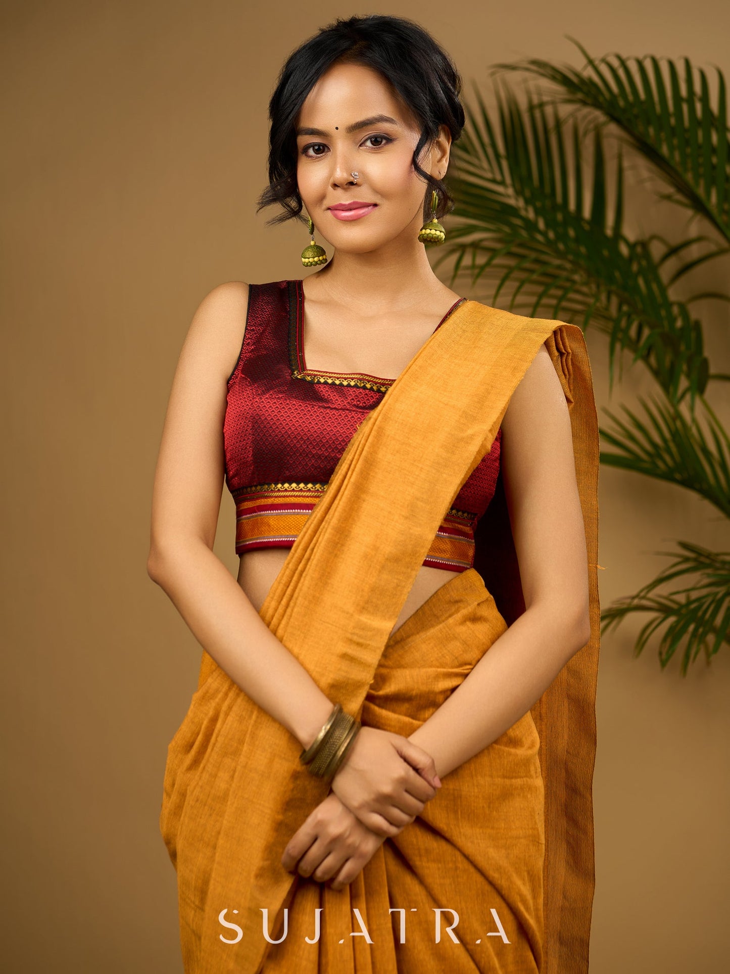 Stylist maroon khun sleeveless blouse - Optional Plain Saree