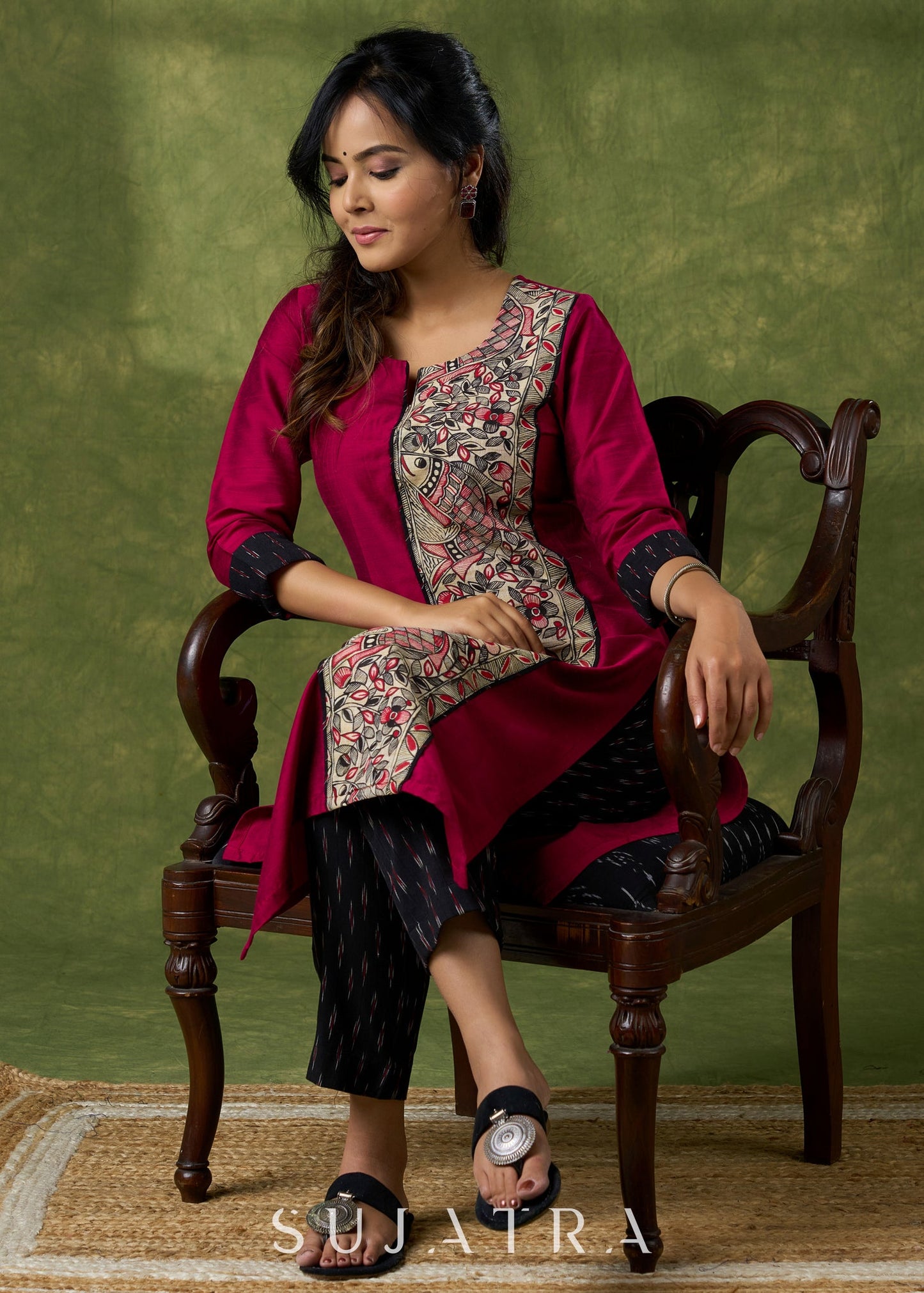 Classic Magenta Cotton Silk Kurta With Hand Painted Madhubani Panel - Pant Additional