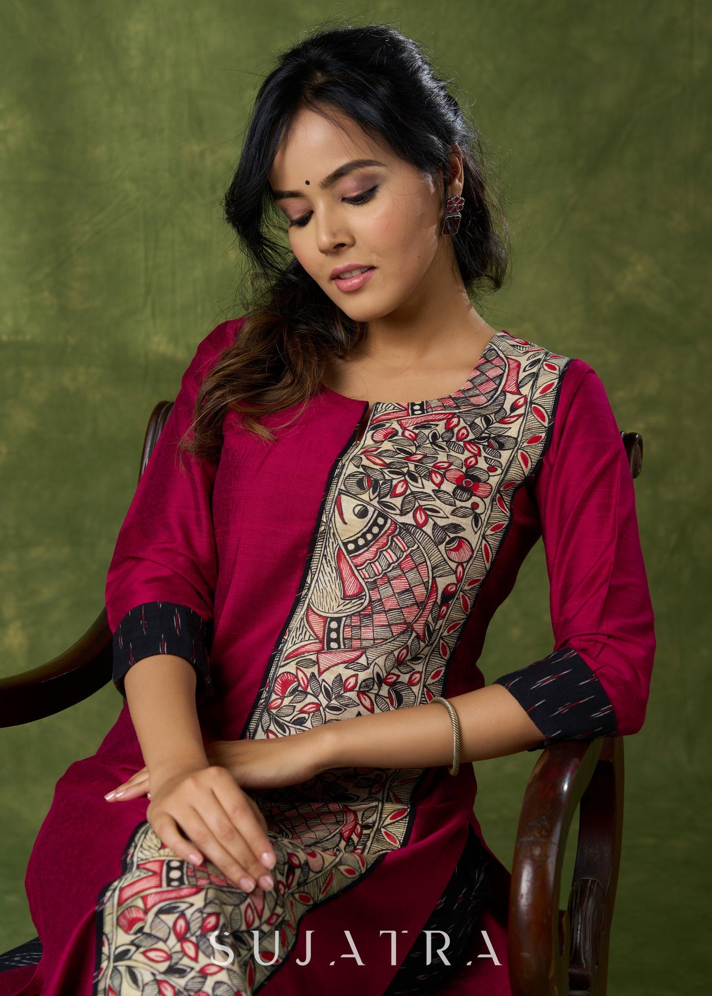 Classic Magenta Cotton Silk Kurta With Hand Painted Madhubani Panel - Pant Additional