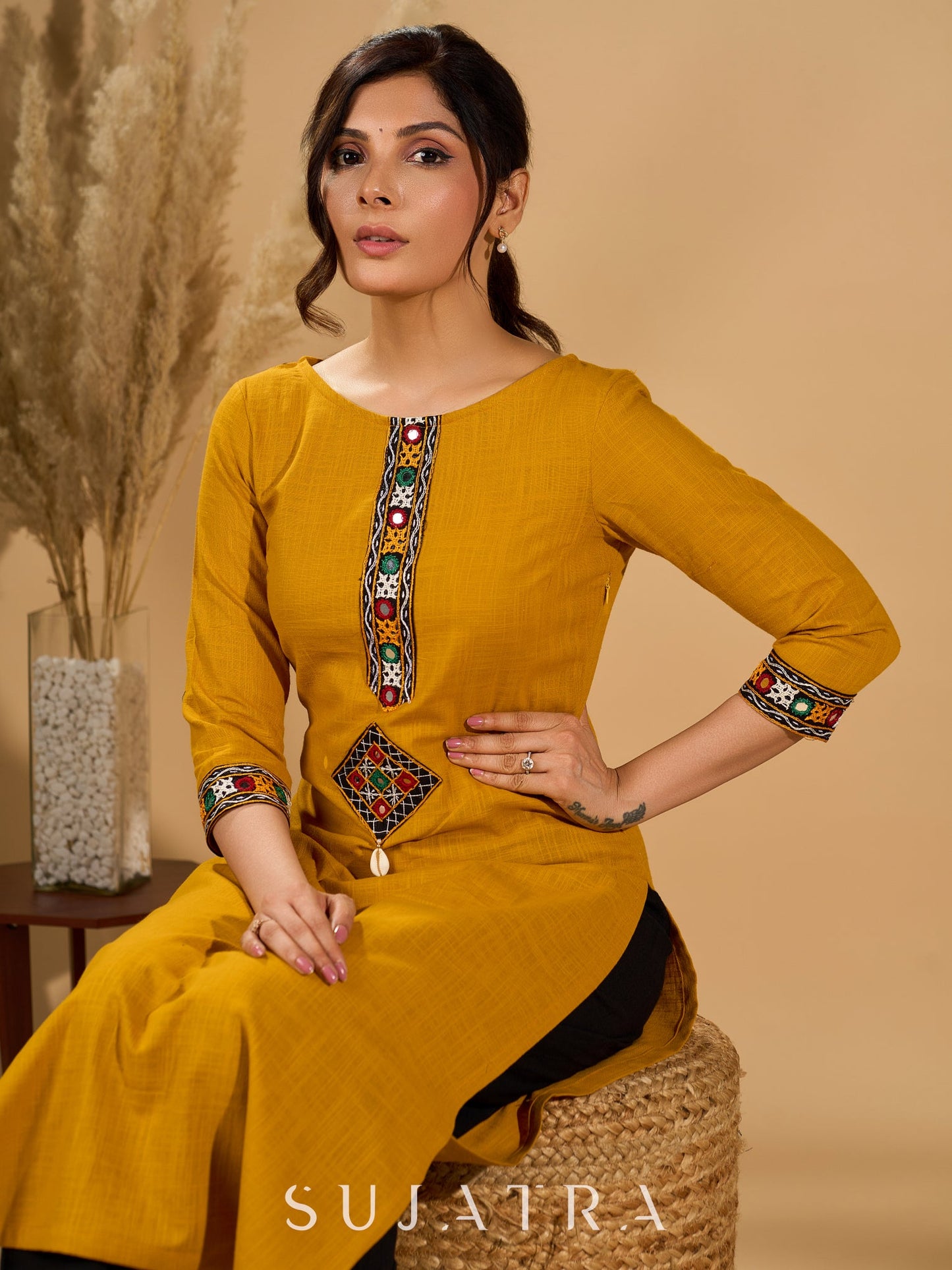 Mellow Mustard Kurta with Mirror Magic Sleeves and Placket