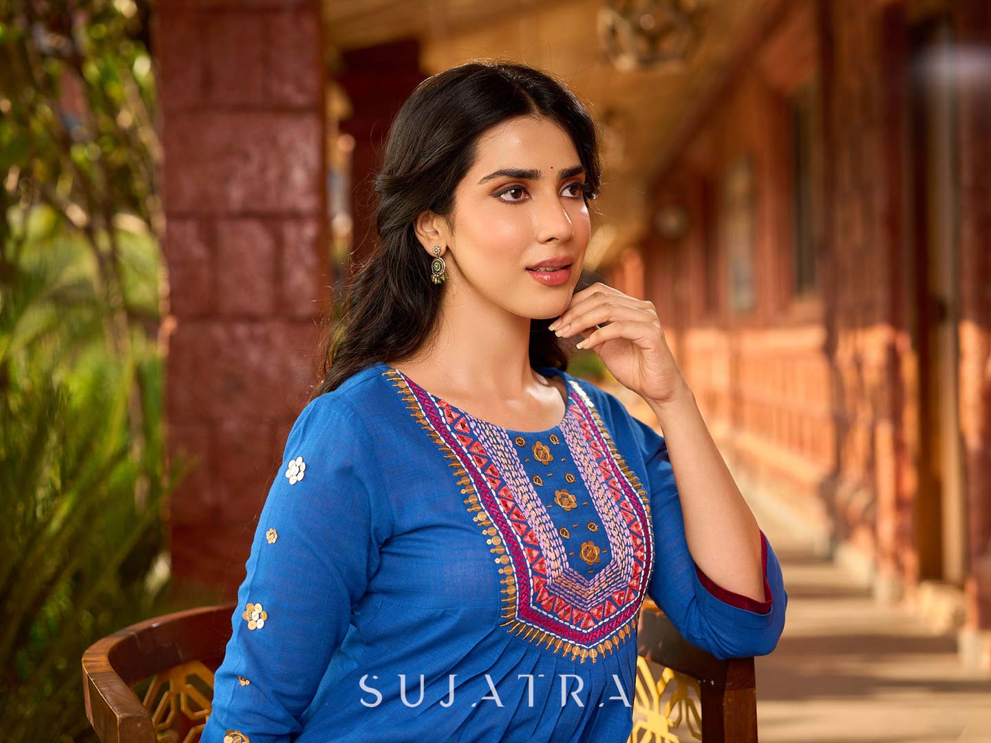 Luxe Blue Cotton Kurta with Traditional Mirror Work and Embroidered Detailing