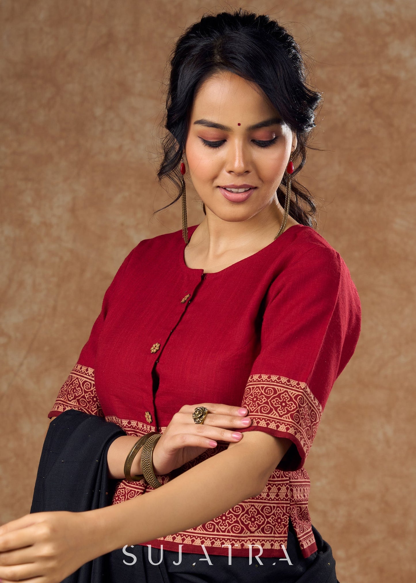 maroon cotton and traditional Ajrakh print in this top style blouse - Optional Saree