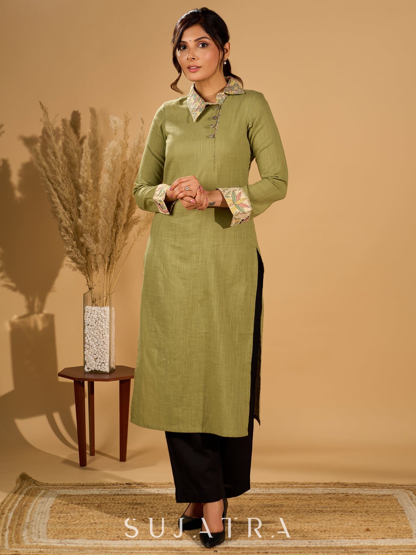 Meadow Mint Slub Kurta with Artistic Cuffs and Twisted Collar