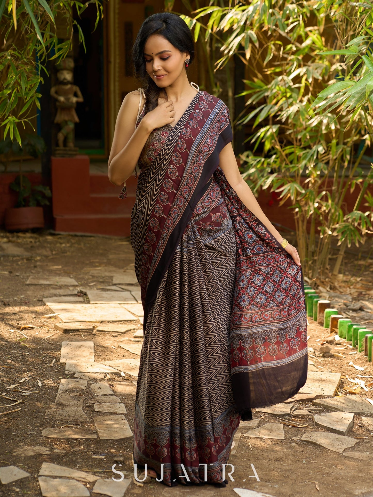 Black Hand Block Printed Ajrakh Modal Saree with Zigzag Pattern and Ornate Border